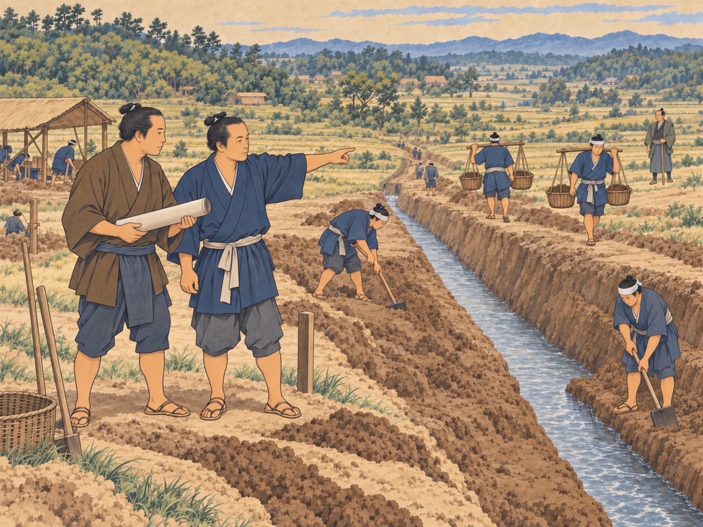 作図（AI生成）。しくみ。玉川上水の工事といえば、庄右衛門・清右衛門という玉川兄弟の名がまず挙がる。