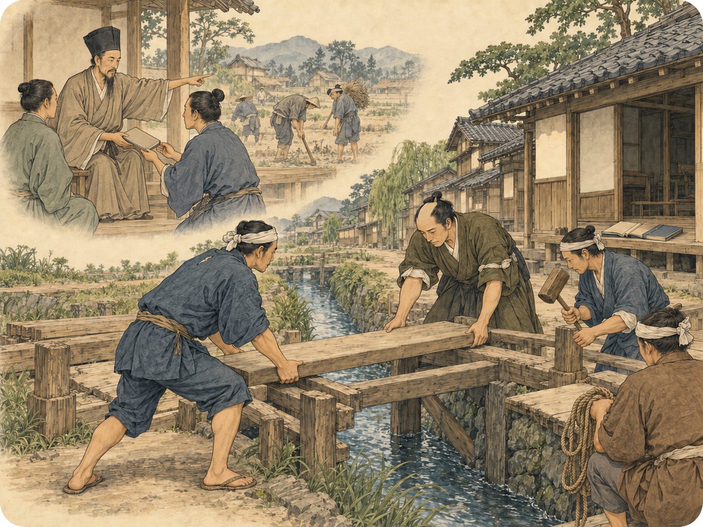 作図（AI生成）。しくみ② 中心の外にあった四つの流れ。陽明学——明の王陽明に発する系統で、知と行の一致を重んじる。