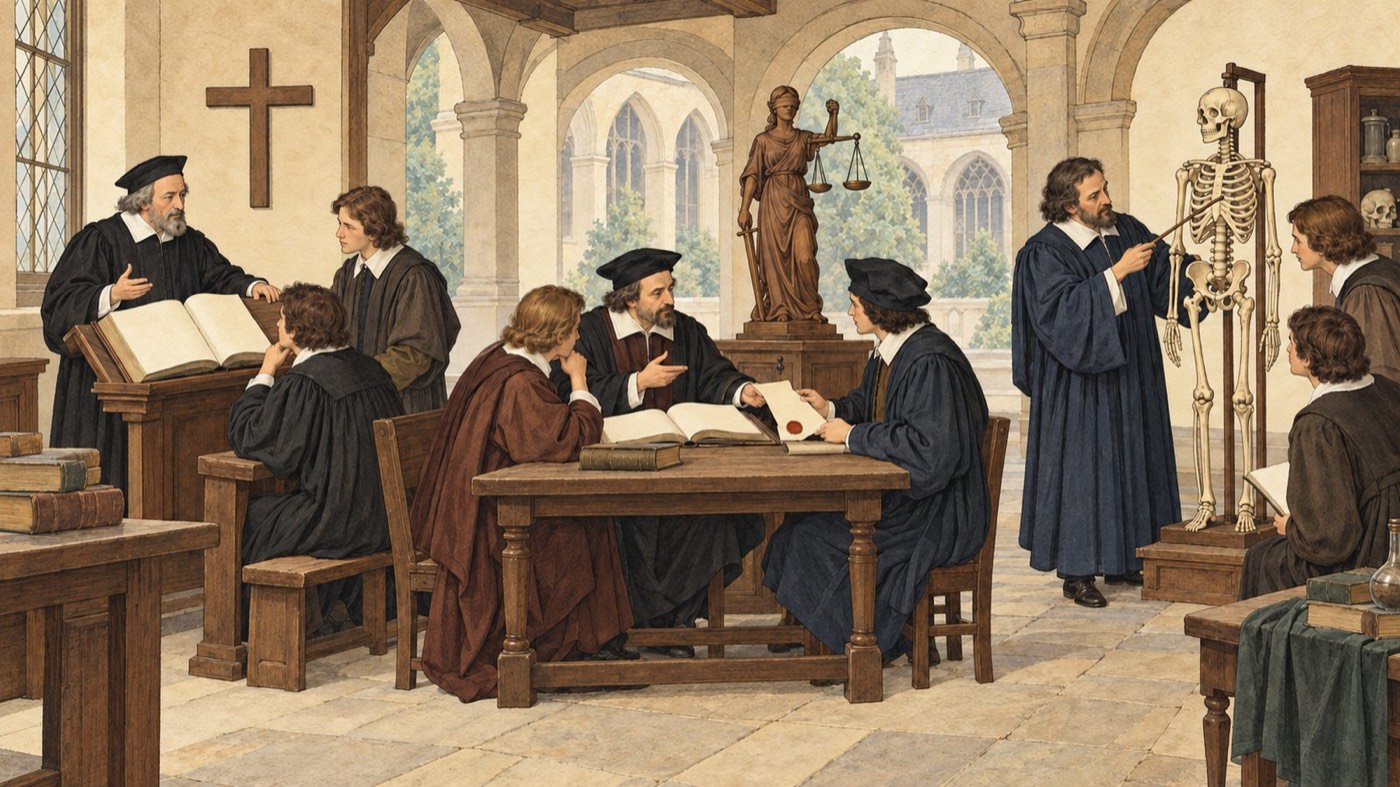 作図（AI生成）。同じころ、世界では。同時代のヨーロッパでは、大学が神学・法学・医学を中心とする伝統的な学部構成を保っていた。