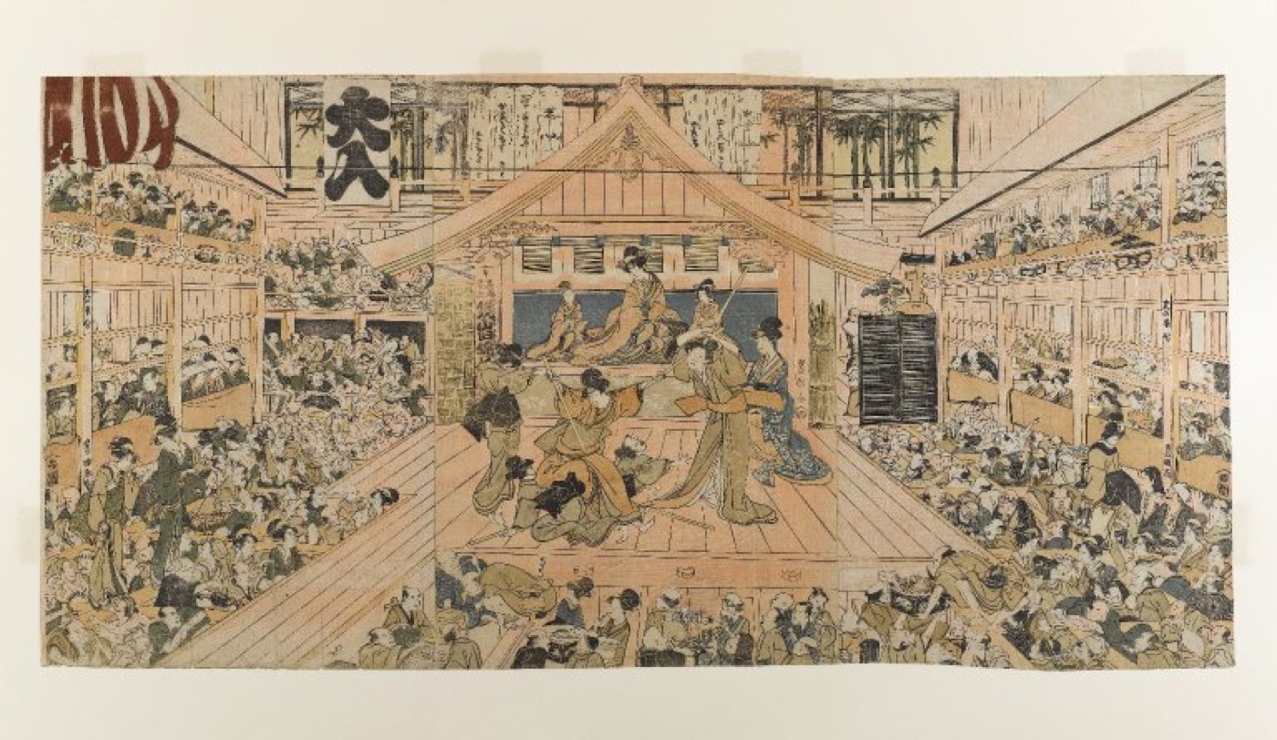 芝居小屋の内部を描いた図。桟敷と土間に客が詰めている