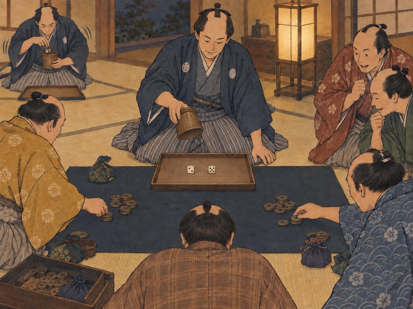 作図（AI生成）。しくみ② 丁半博打。二個の賽を伏せた器の中で振り、出た目の合計が偶数（丁）か奇数（半）かを当てる。