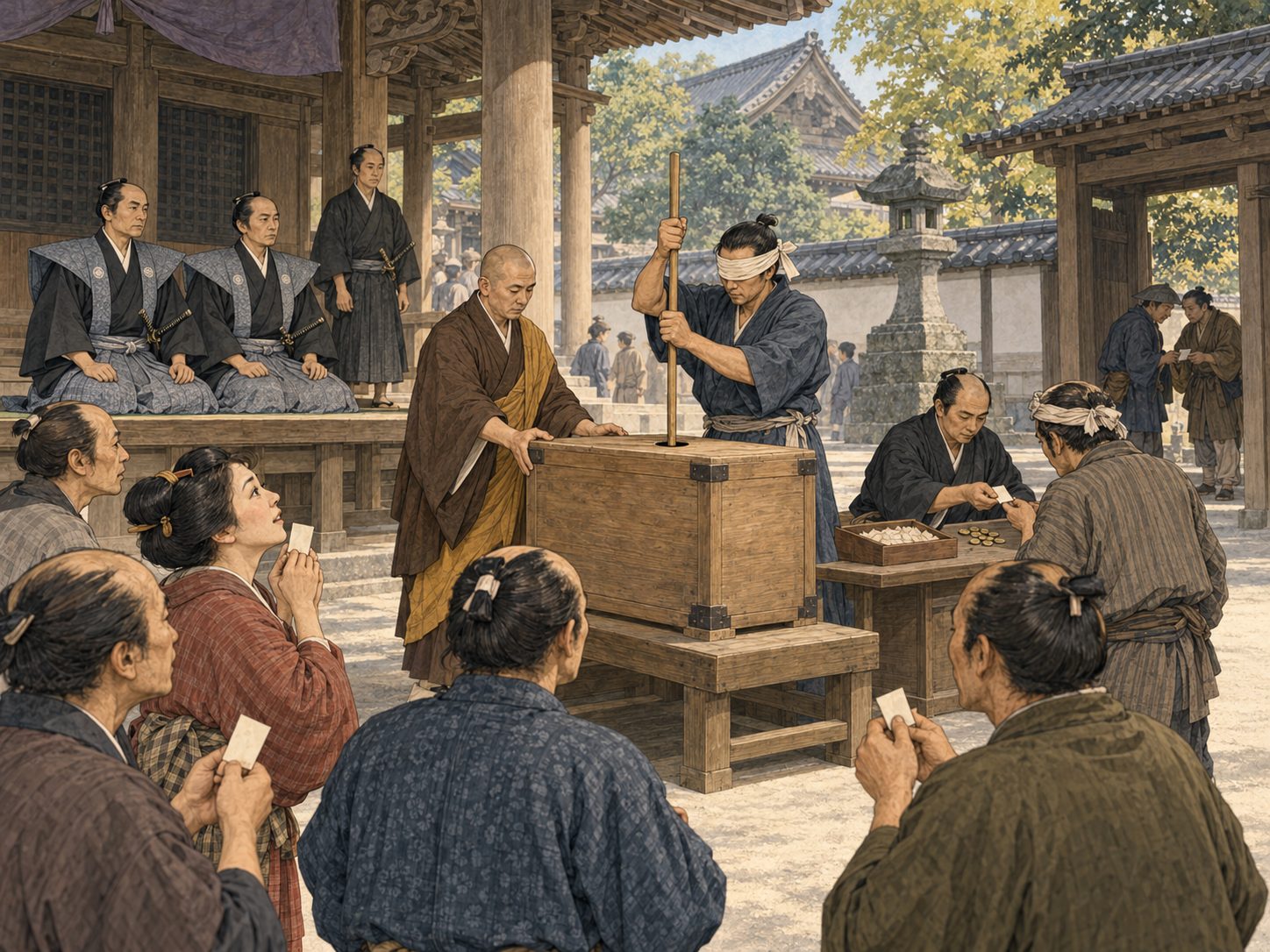 作図（AI生成）。しくみ① 富くじと影富。江戸には、幕府が正面から許可した賭けが一つだけあった。