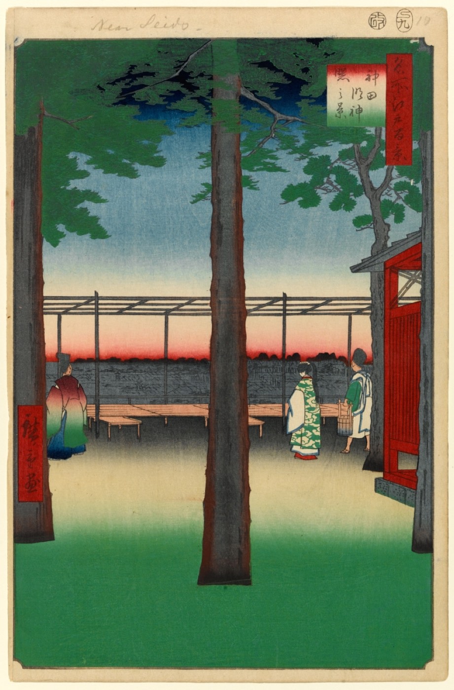 広重『名所江戸百景 神田明神曙之景』。夜明けの境内から町を見下ろす