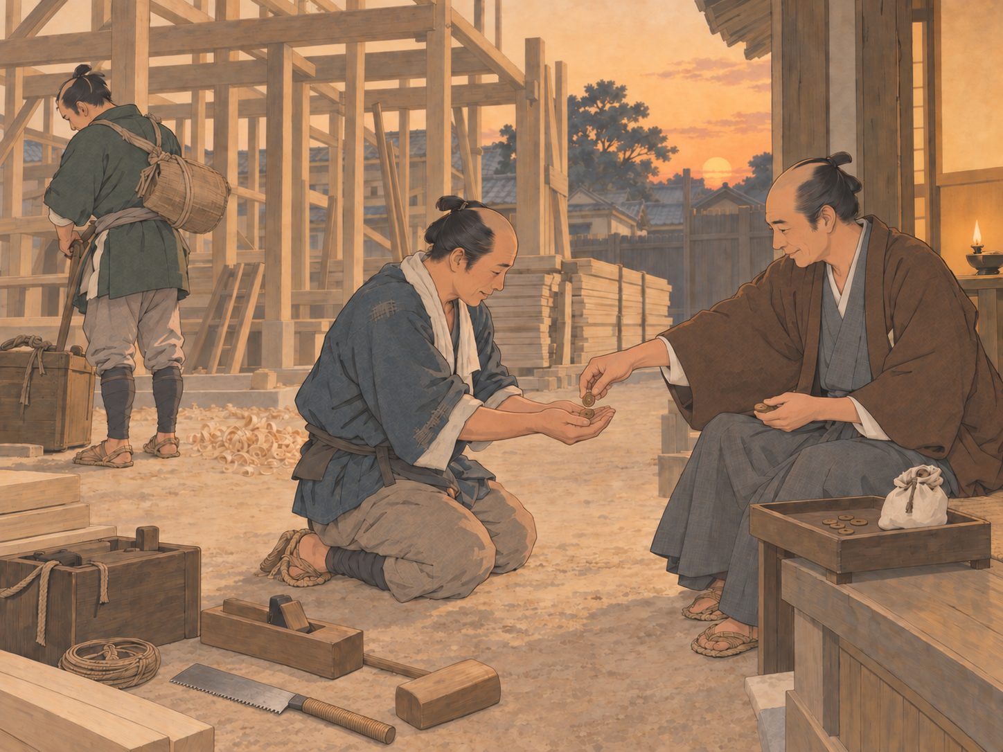 作図（AI生成）。しくみ② 入る銭。仕事を終えたその日の暮れに、その日の分を受け取る。