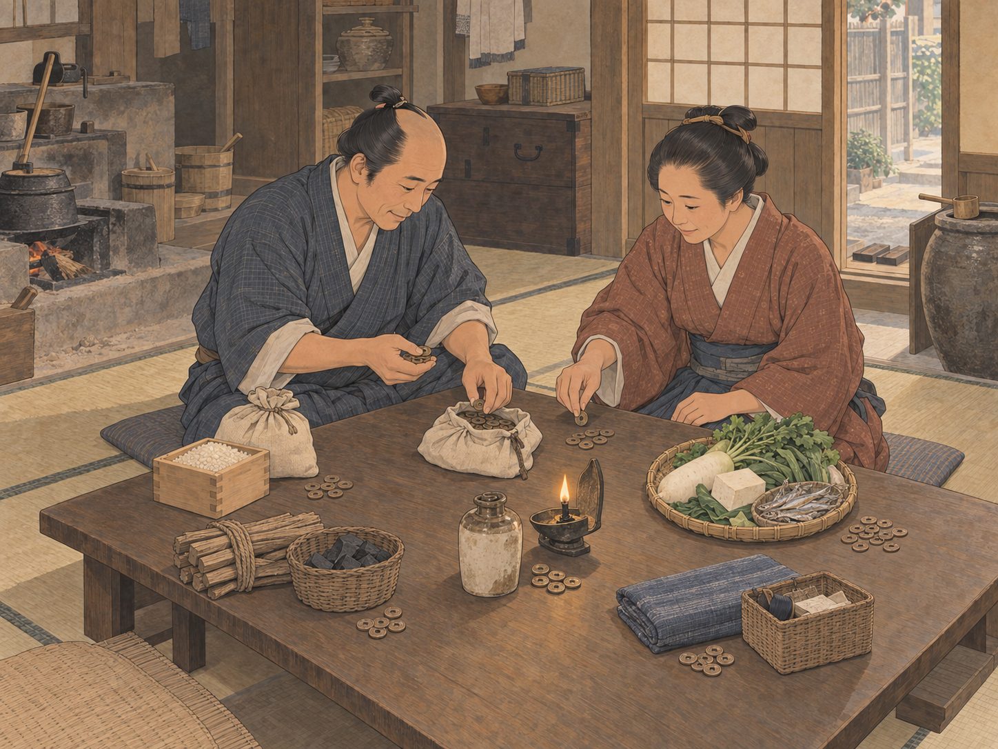 作図（AI生成）。しくみ③ 出る銭。では、出ていく銭を並べてみる。以下の単価は、それぞれ確度に幅があるものの、江戸の庶民の暮らしを語るときに繰り返し引用されてきた水準である。