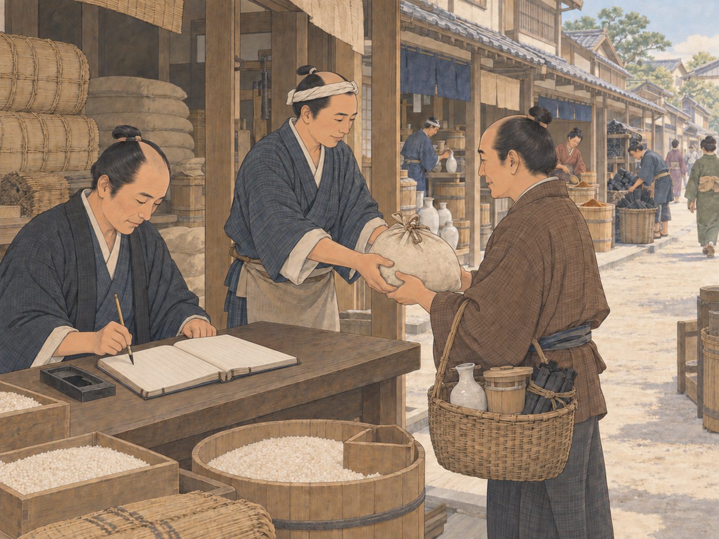 作図（AI生成）。しくみ④ 足りない分をどう埋めたか。米屋・酒屋・味噌屋・炭屋といった日常の店では、その場で現金を払わず帳面につけてもらう。