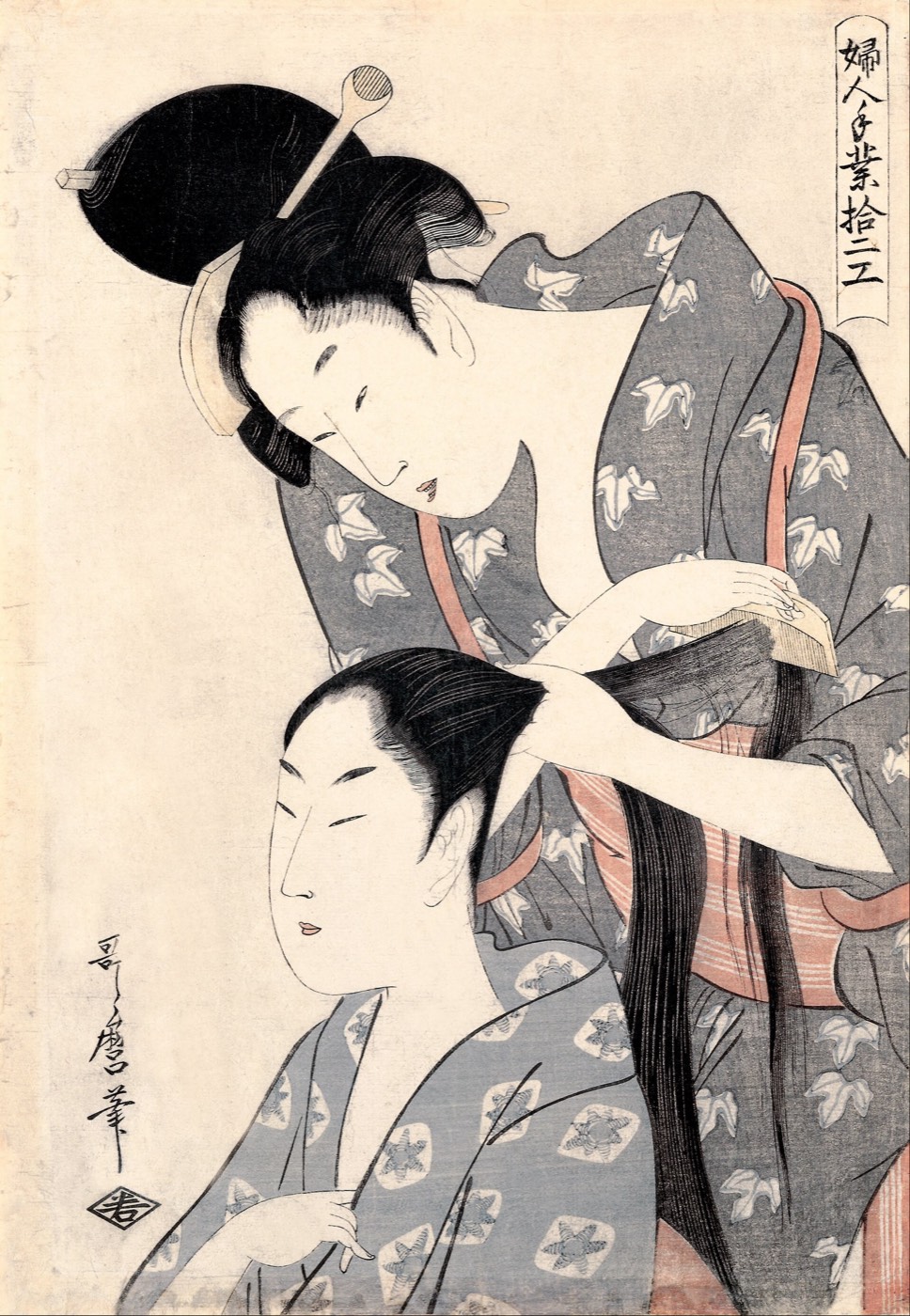 女性が別の女性の髪を結い上げる様子を描いた錦絵