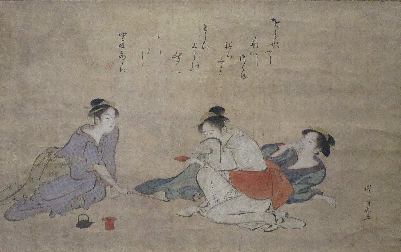 鳥居清長の描いた三人の女性。縞と無地の着物