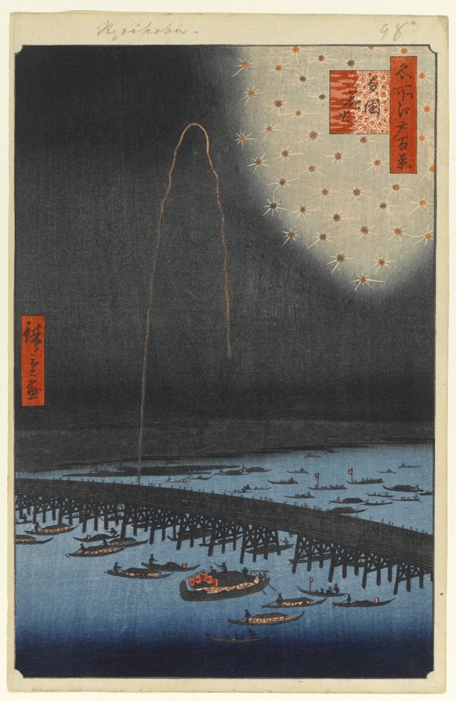 広重『名所江戸百景 両国花火』。橋の上に人が溢れ、夜空に花火が上がる