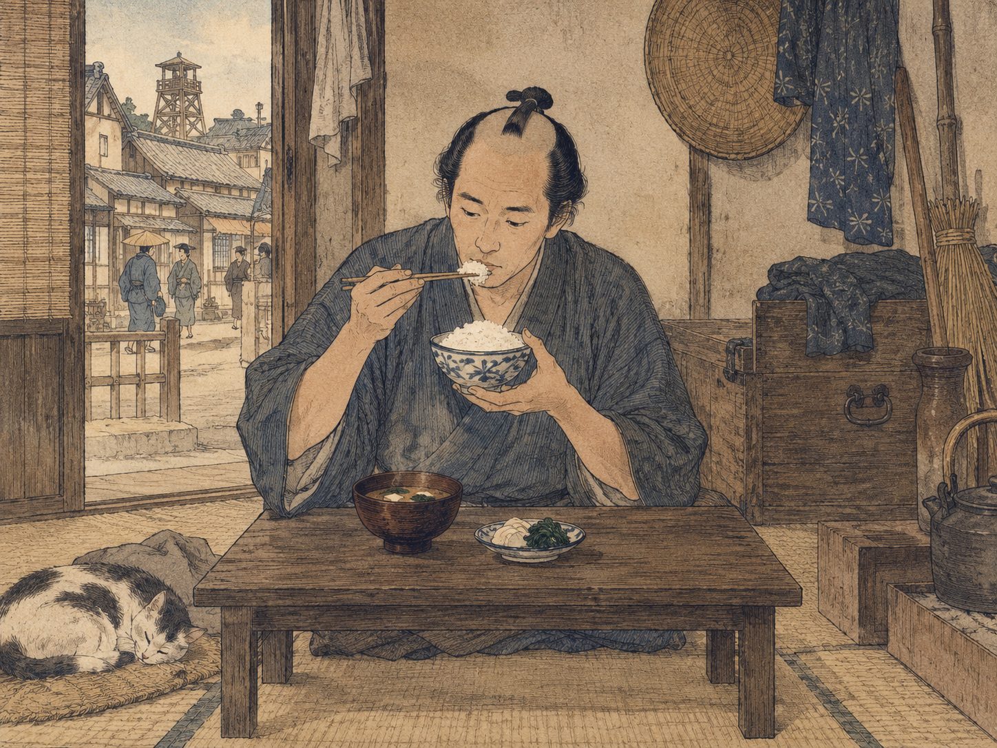 作図（AI生成）。しくみ③ 一汁一菜。白米が普及したといっても、日々の膳はいたって質素だった。