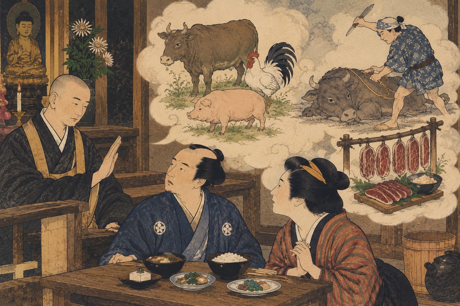 作図（AI生成）。しくみ④ 精進と肉食の忌避、それでも食べたもの。仏教の影響と、殺生を忌む建前から、表向き獣肉を食べることは避けられていた。
