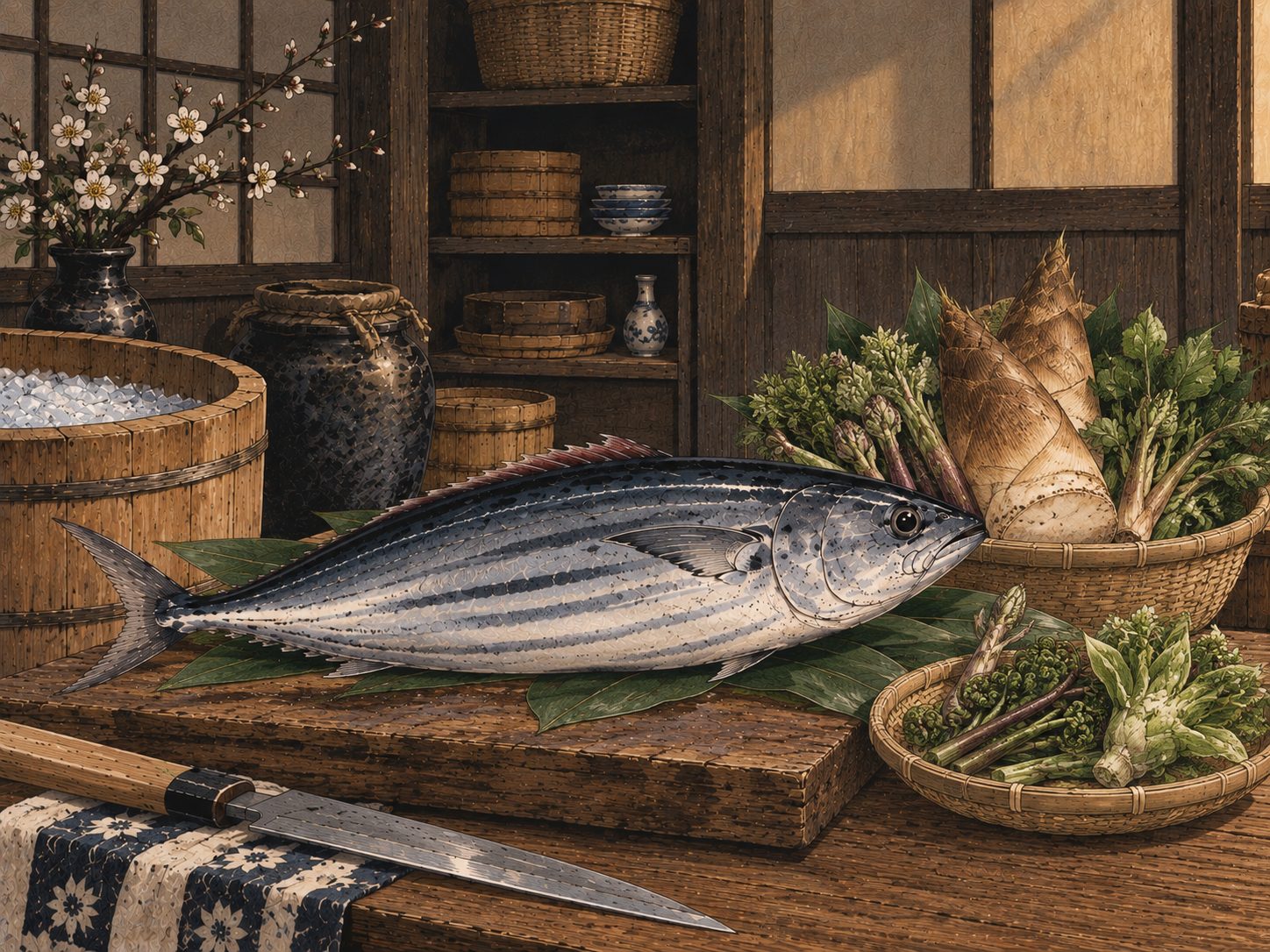 作図（AI生成）。しくみ⑥ 初物と料理本。「初物七十五日」——季節の初物を食べると寿命が七十五日延びる、という言い伝えが広く信じられていた。