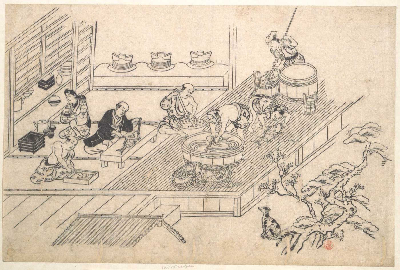 菱川師宣が描いた台所の情景。大鍋を囲んで人が立ち働く