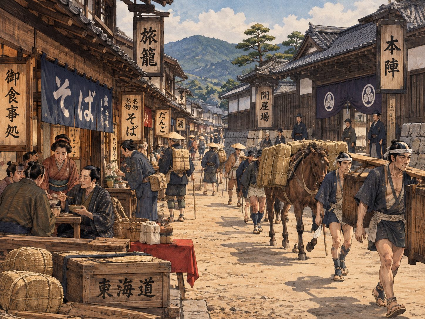 作図（AI生成）。しくみ。つまり宿場の経済は、義務としての公用輸送で赤字を出し、任意の商売で埋めるという構造をしていた。