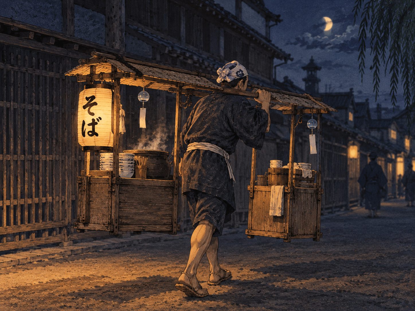 作図（AI生成）。しくみ② 元手いらずの担ぎ屋台。夜鷹そばは最も安価な部類を指す通称で、夜更けに町を流し、行灯だけを頼りに商う屋台を指すとされる。