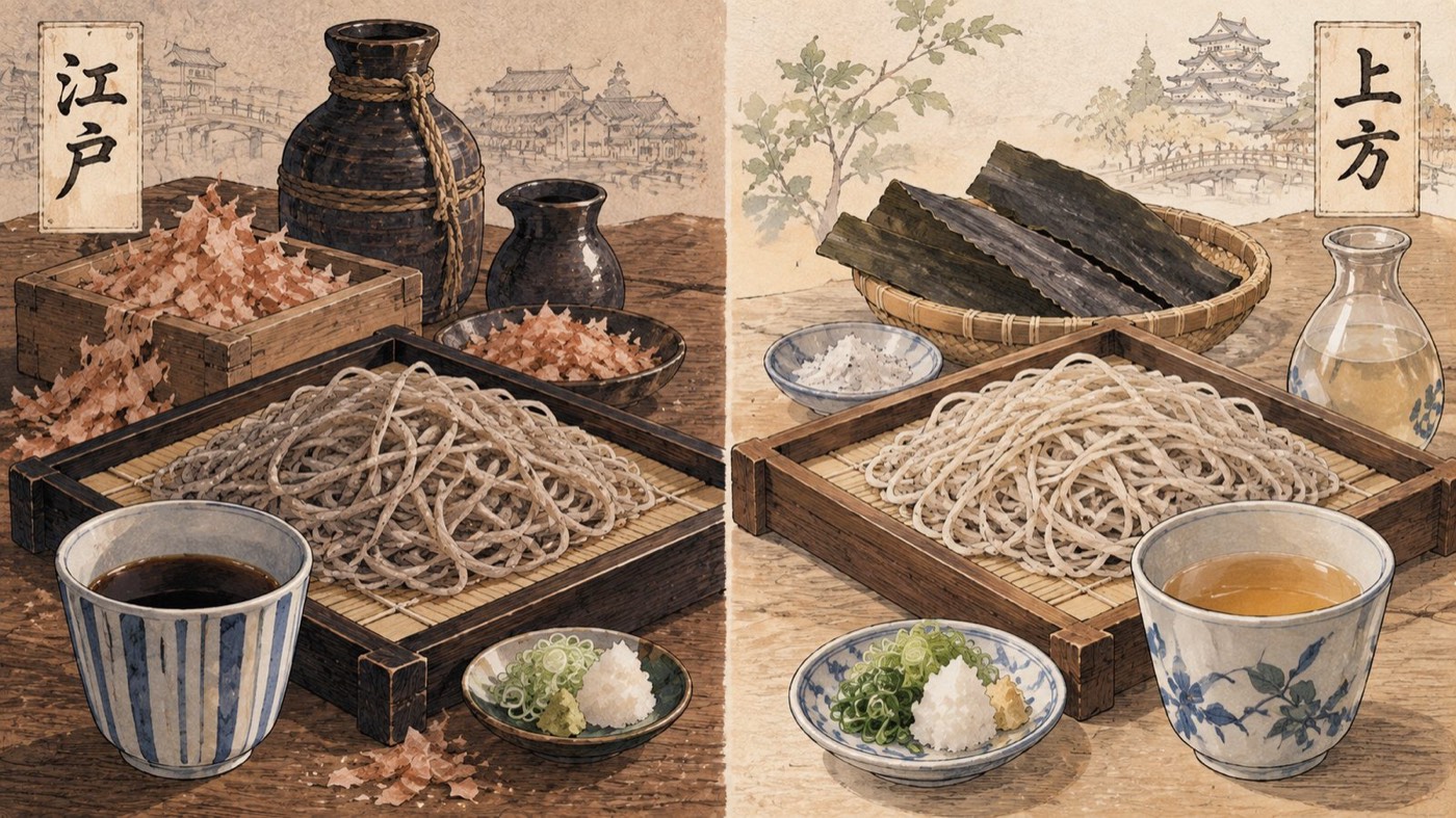 作図（AI生成）。しくみ④ つゆと薬味。そばのつゆにも、調味料の東西差がそのまま反映されている。江戸のつゆは、下総の野田・銚子で造られる濃口醤油に鰹節の出汁を合わせ、色濃く塩辛い「辛汁（からつゆ）」に寄っていく。対して上