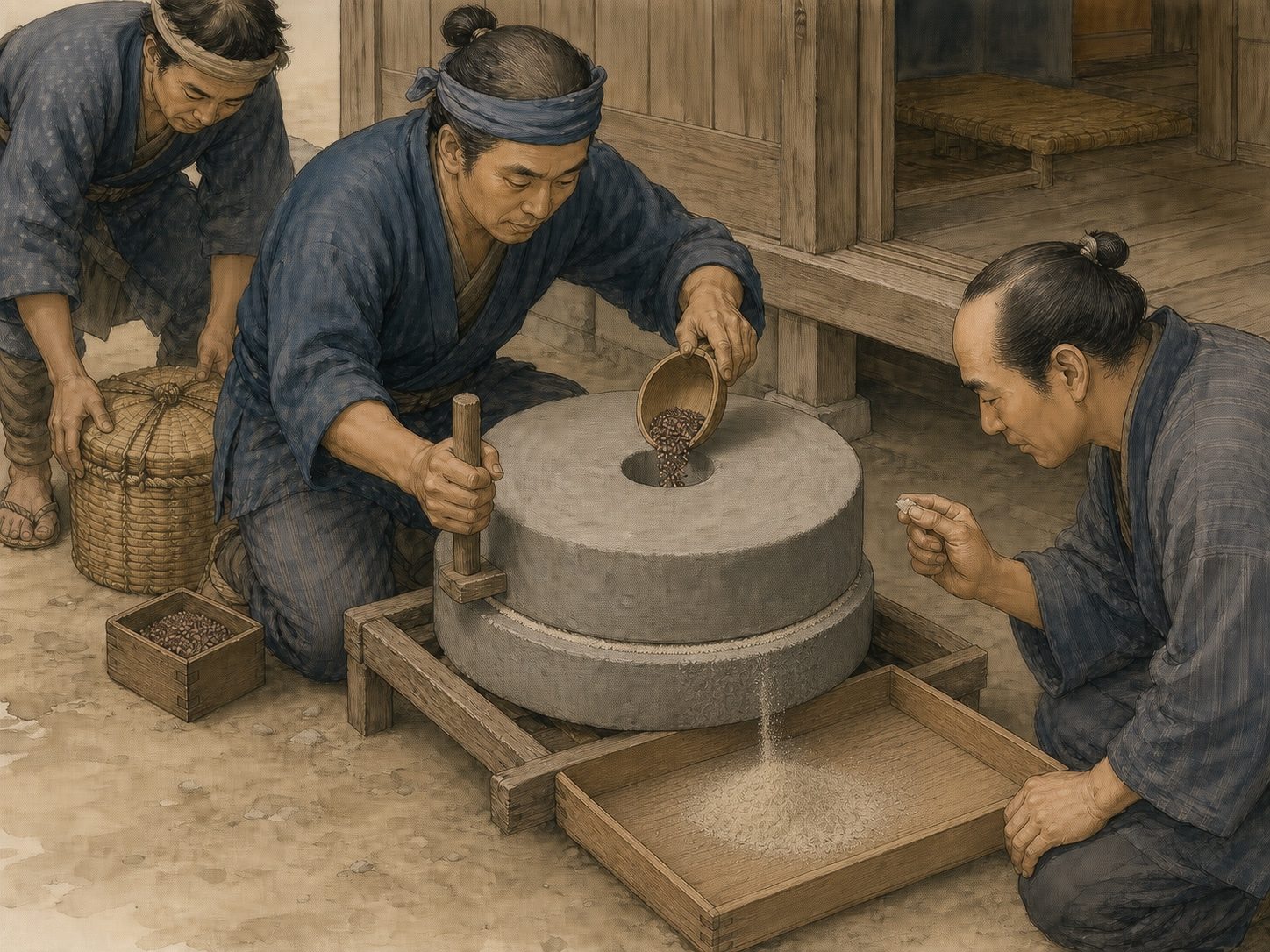 作図（AI生成）。しくみ⑤ そば粉の産地と流通。江戸で消費されるそば粉の多くは、信濃・甲斐・北関東など、そばの栽培に向く土地から運び込まれた。そばは米や小麦に比べて痩せた土地でも育ち、冷涼な気候にも強いため、平地の乏しい山間の産