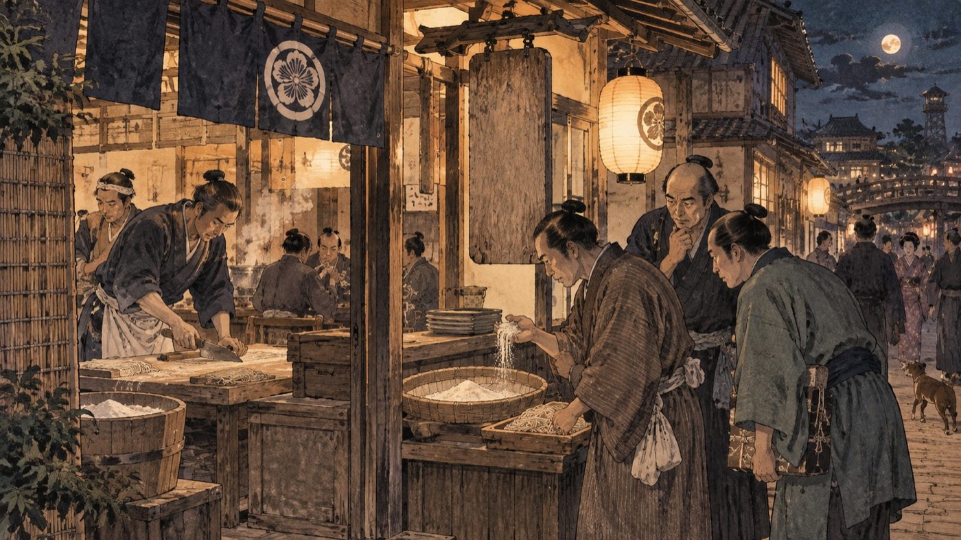 作図（AI生成）。しくみ⑥ 看板と商売仲間。店を構えるそば屋の軒先には、「生蕎麦（きそば）」の文字を崩し字で染め抜いた暖簾や看板が掲げられた。生蕎麦とは、つなぎの小麦粉を使わずそば粉だけで打った蕎麦を指す語で、看板に掲げるこ