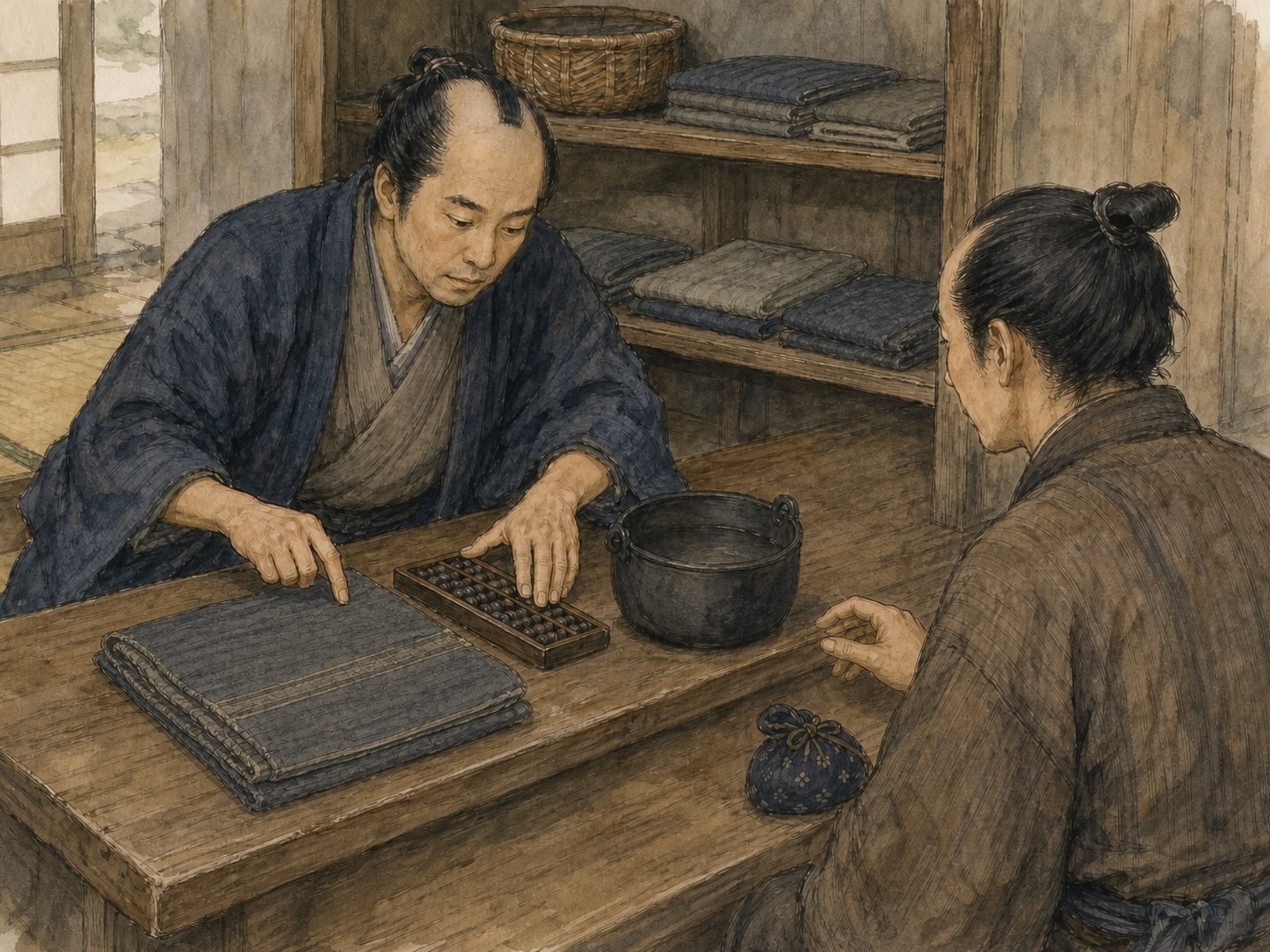作図（AI生成）。しくみ② 何を、いくらで貸したか。損料の金額そのものは、品物の値打ち・借用期間・貸し手によって大きく違ったと考えられ、「布団一組が一晩いくら」というような一律の相場を史料から一つに絞るのは難しい。