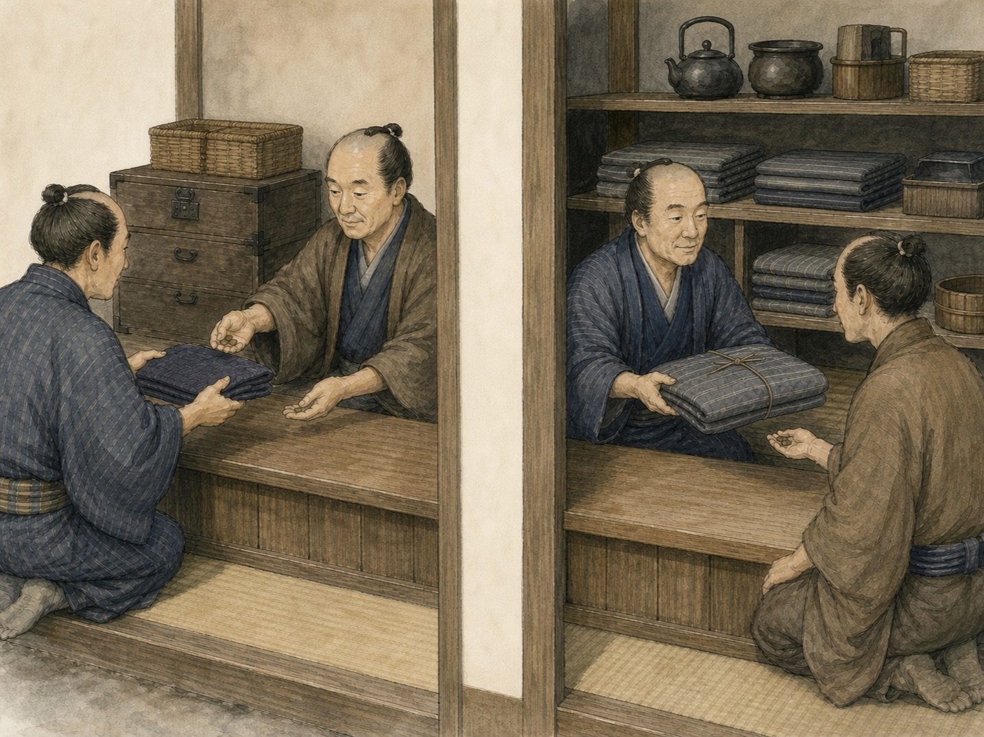 作図（AI生成）。しくみ③ 損料屋と質屋はどう違うか。これに対して損料屋は、最初から自分の持ち物である夜具や道具を客に使わせ、その対価として損料を受け取る。