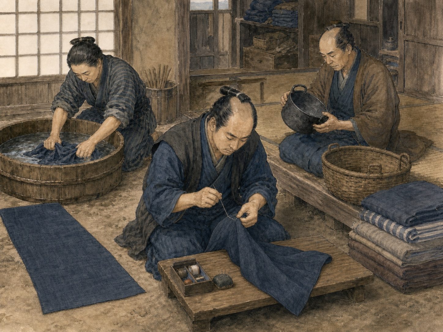 作図（AI生成）。しくみ④ 貸す側の経営。貸す側にとって損料屋は、決して座っているだけの商売ではなかった。布団は使えば汚れ、鍋は使えば傷み、着物は染みや破れが出る。損料はその傷み分を見込んだ料金であり、貸し出すたびに手入れ