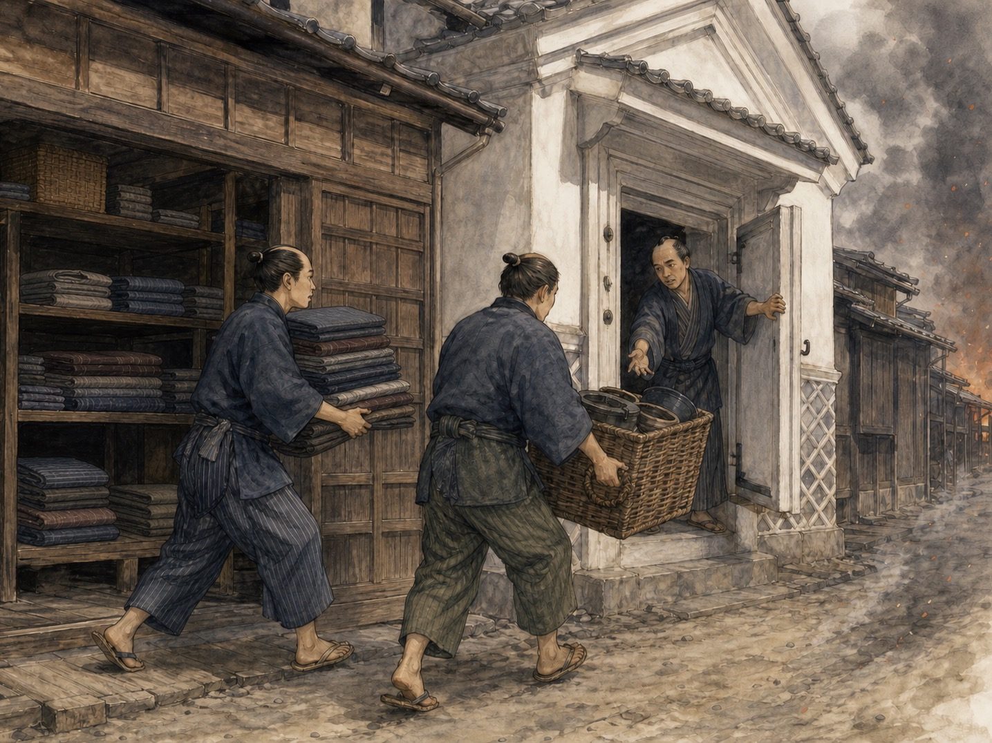 作図（AI生成）。しくみ⑤ 火事と損料屋の関係。一方で、損料屋自身も木造の店・土蔵に品物を抱える商売であり、火事は在庫を焼く最大の経営リスクでもあった。