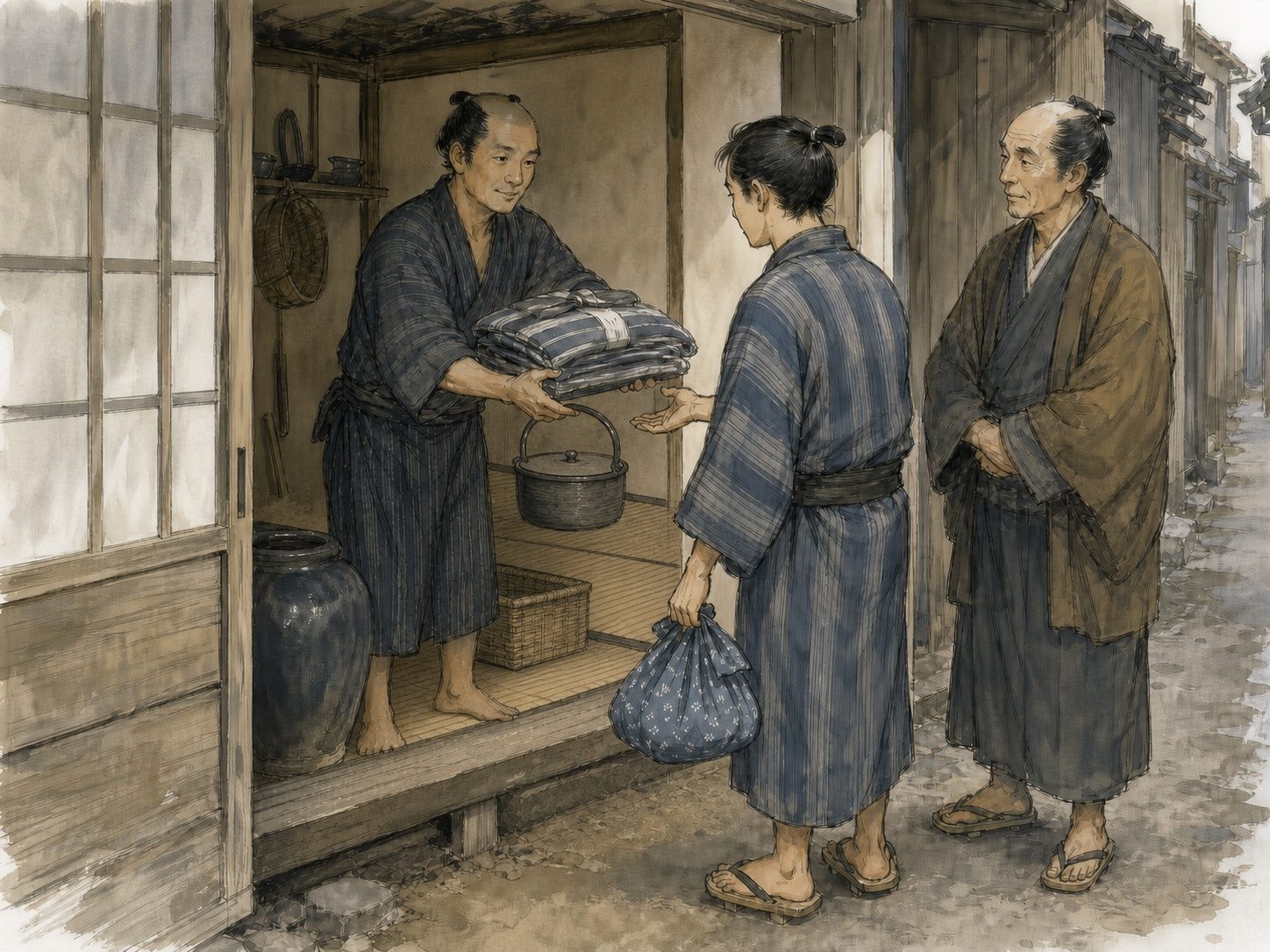 作図（AI生成）。しくみ⑥ 損料屋が成り立つ条件、そして明治以降。損料屋という商売がここまで広く根づいた背景には、いくつかの条件が重なっている。