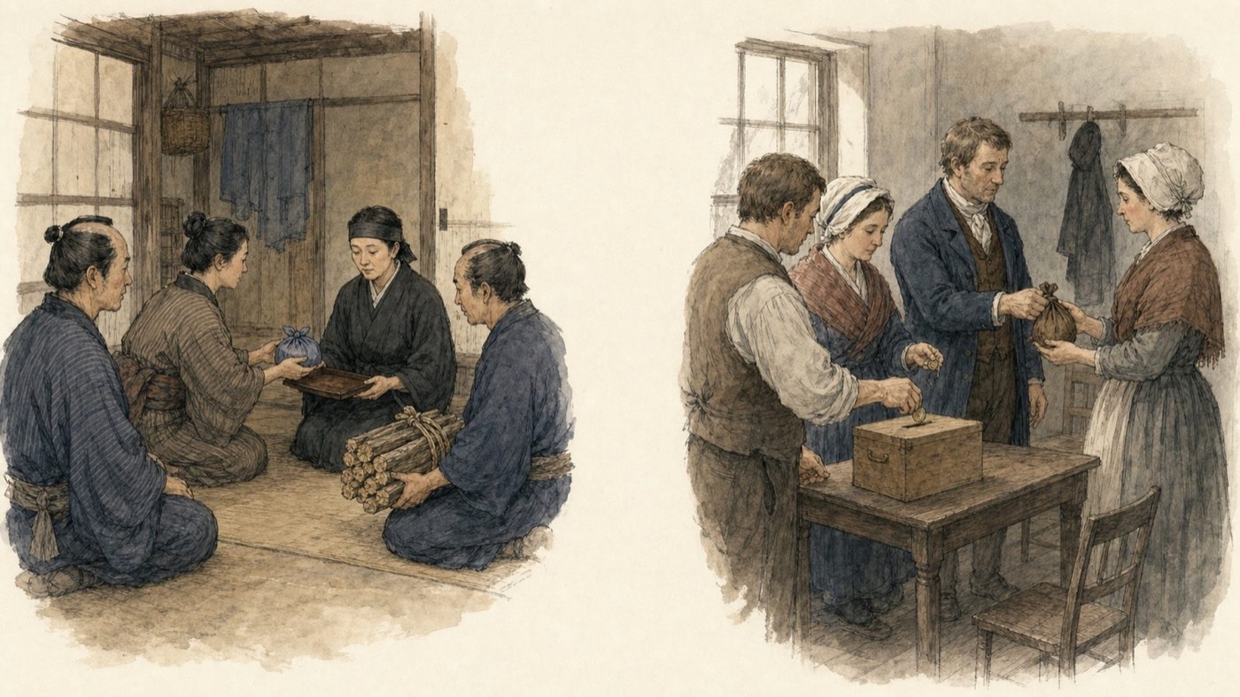 作図（AI生成）。同じころ、世界では。費用を講で分担するという発想は、江戸だけのものではない。