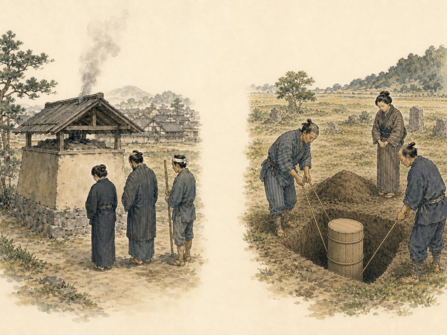 作図（AI生成）。しくみ① 火葬と土葬。どちらを採るかは、宗派・地域・家の慣習・そして土地の余裕によって分かれる。