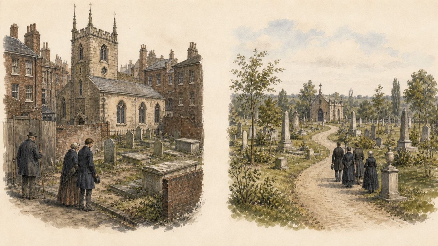 作図（AI生成）。同じころ、世界では。ヨーロッパでは長く教会に付属する墓地（churchyard）に埋葬するのが原則だった。