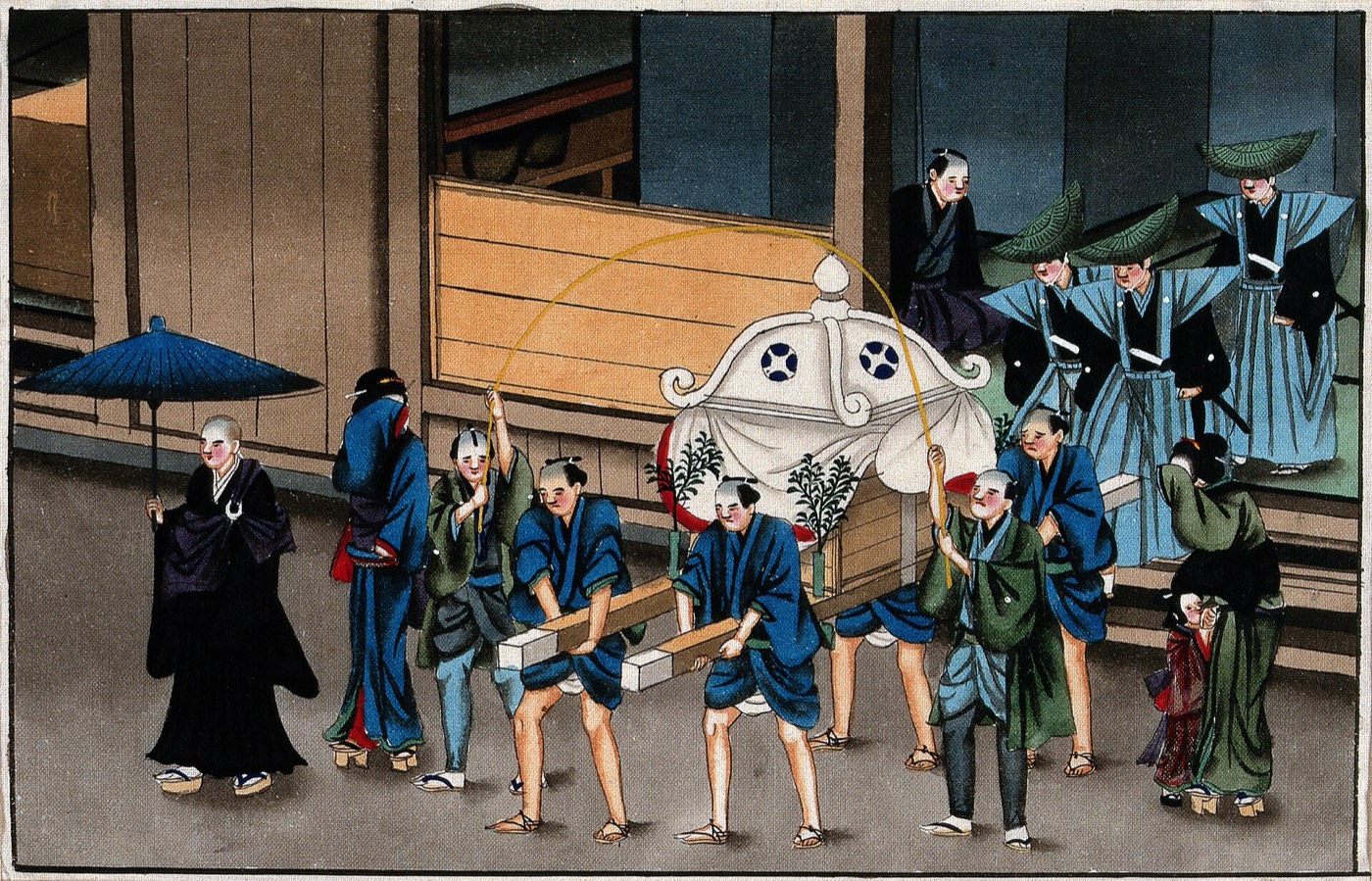 僧を先頭に早桶を運び出す野辺送りの行列を描いた水彩画