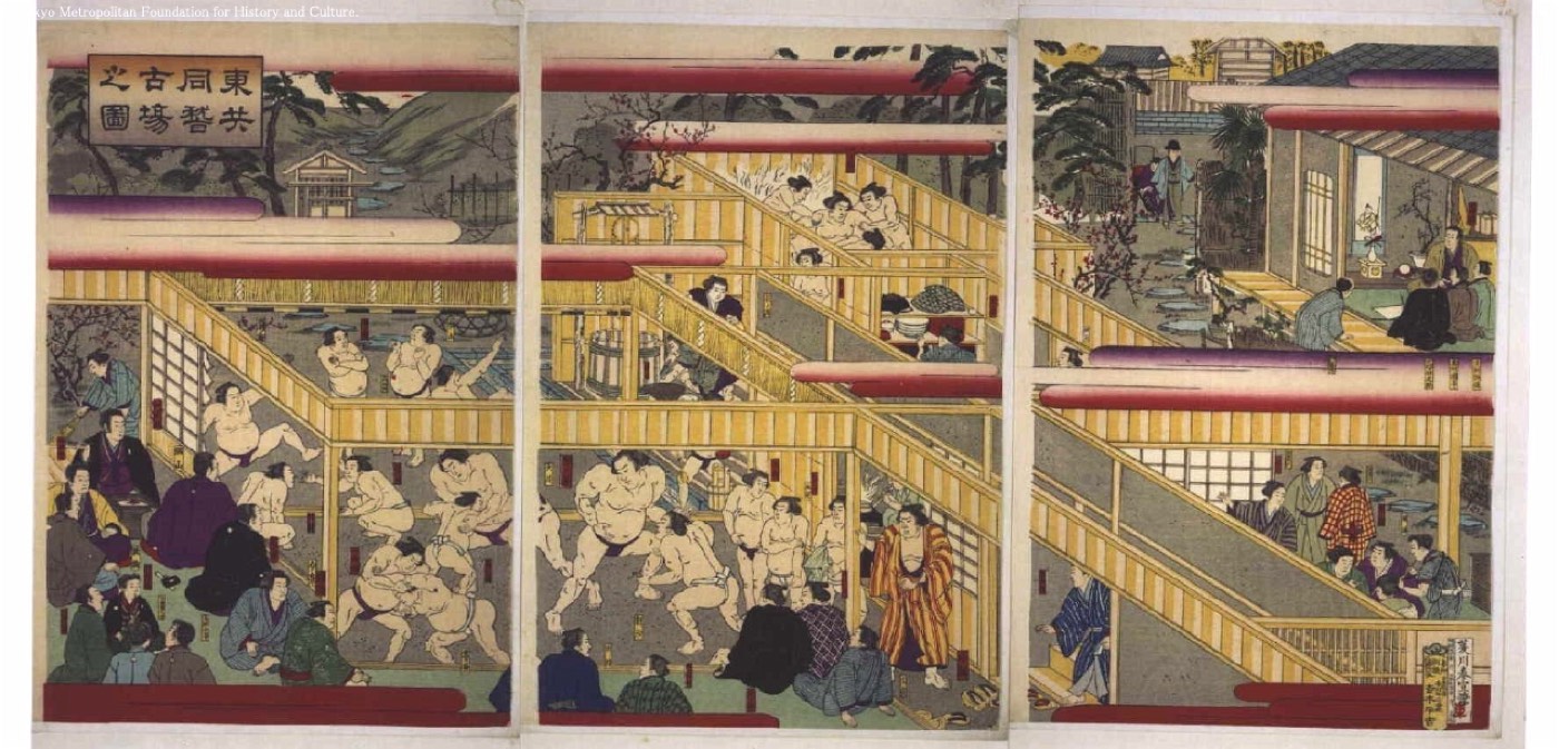 相撲部屋の稽古場を描いた図