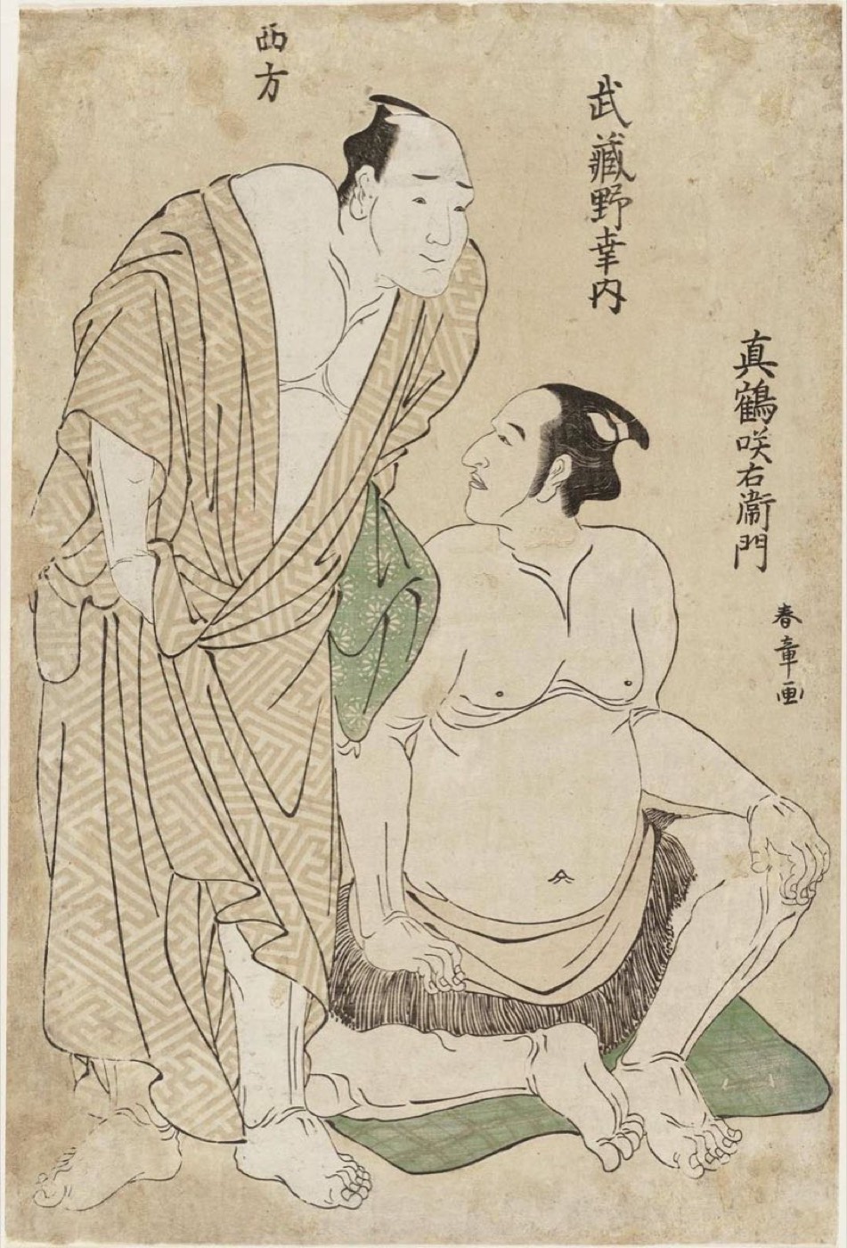 勝川春章の相撲絵。取組に臨む二人の力士
