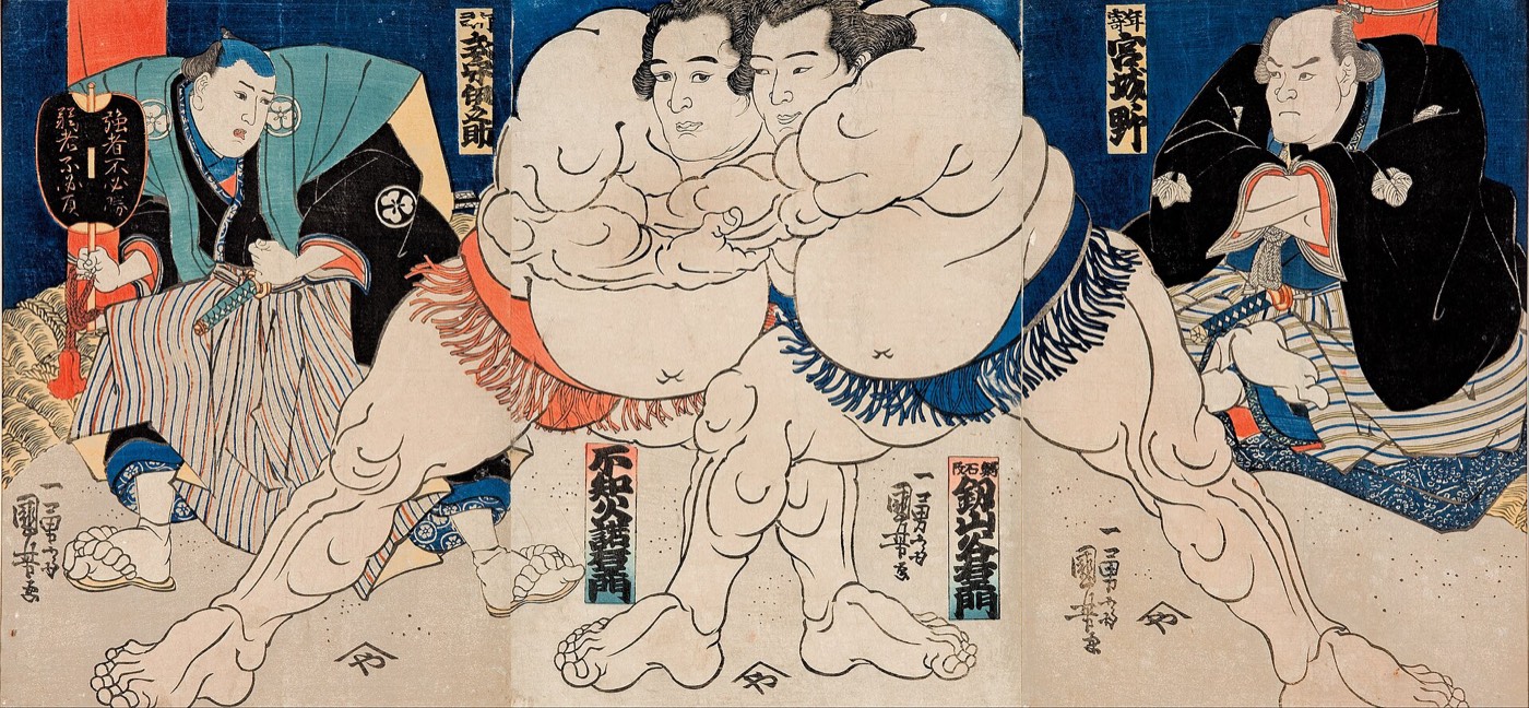 歌川国芳の相撲絵。二人の力士と行司