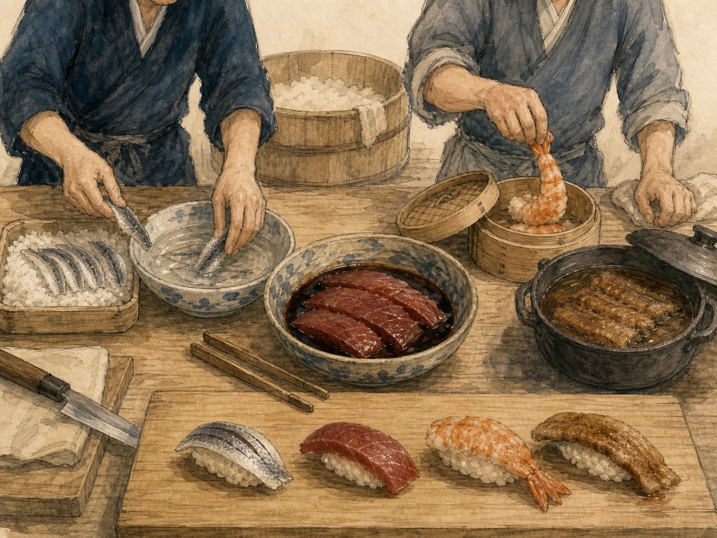 作図（AI生成）。しくみ② 冷蔵のない時代の「仕事」。ここが江戸前寿司の核心である。氷も冷蔵庫もないのに、なぜ魚を生で出せたのか。答えは、生のままでは出さなかったからだ。