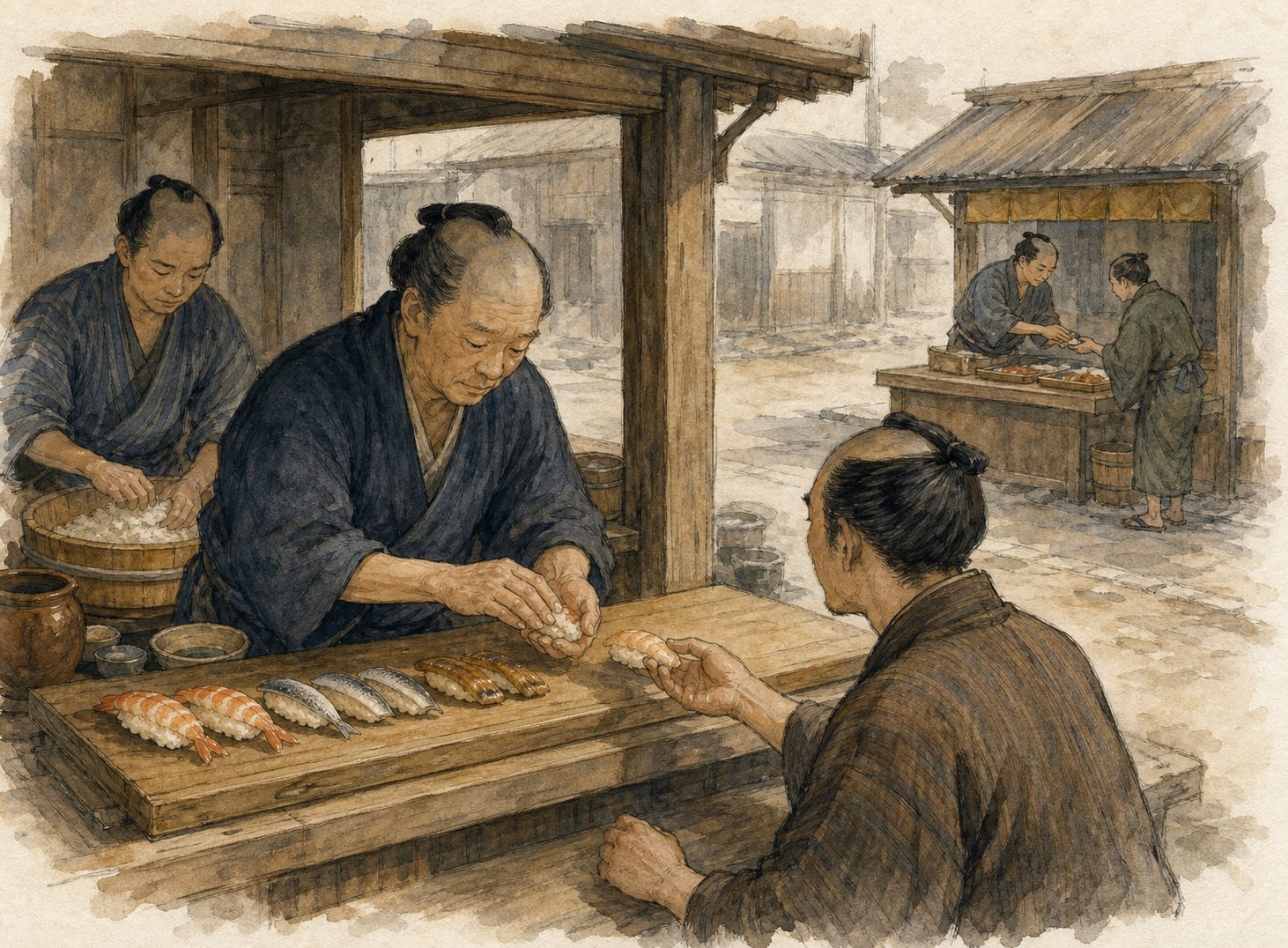 作図（AI生成）。しくみ③ 握りの成立と華屋与兵衛。握り寿司の考案者として最も広く名の挙がる人物が華屋与兵衛（本名・小泉与兵衛）である。