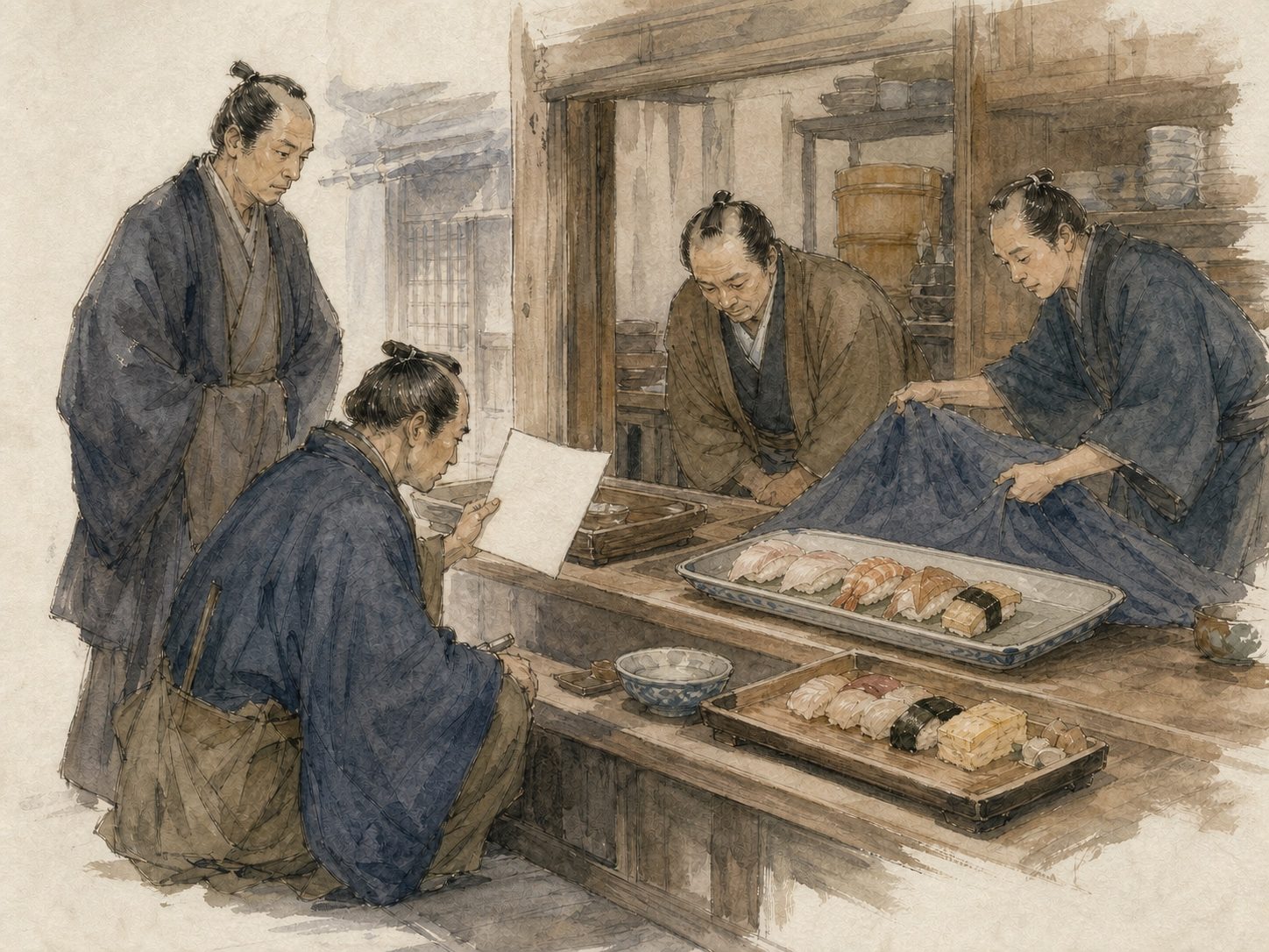 作図（AI生成）。しくみ④ 天保の改革と鮨屋の取締り。天保12〜14年（1841〜43）の天保の改革では、老中・水野忠邦のもとで奢侈の禁止が強化され、贅を尽くした食べ物や高価な料理を出す店が取締りの対象になった。