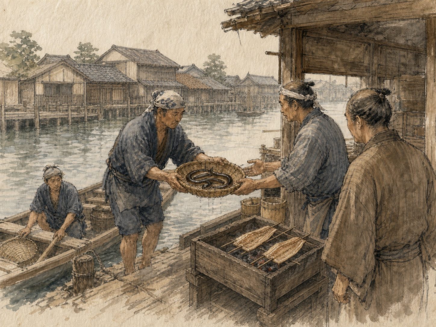 作図（AI生成）。しくみ⑤ 「江戸前」という語。いま「江戸前」といえば真っ先に寿司を連想するが、この言葉はもともと寿司のための語ではなかった。