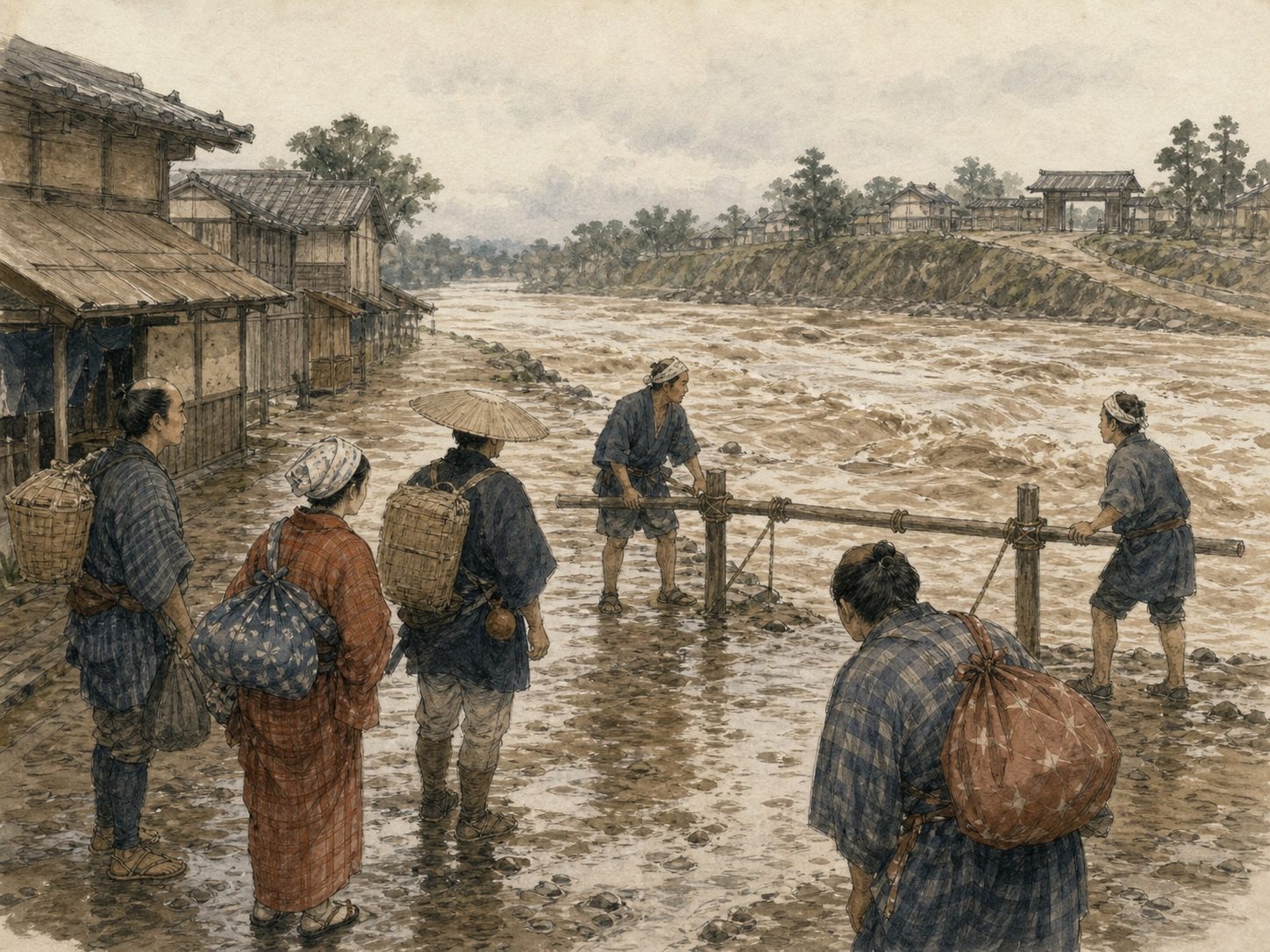 作図（AI生成）。しくみ④ 道中の危険。五街道が整備され関所が交通の要所を押さえていた分、江戸時代の街道は同時代の世界の基準からすれば治安の良い部類に入るとされる。