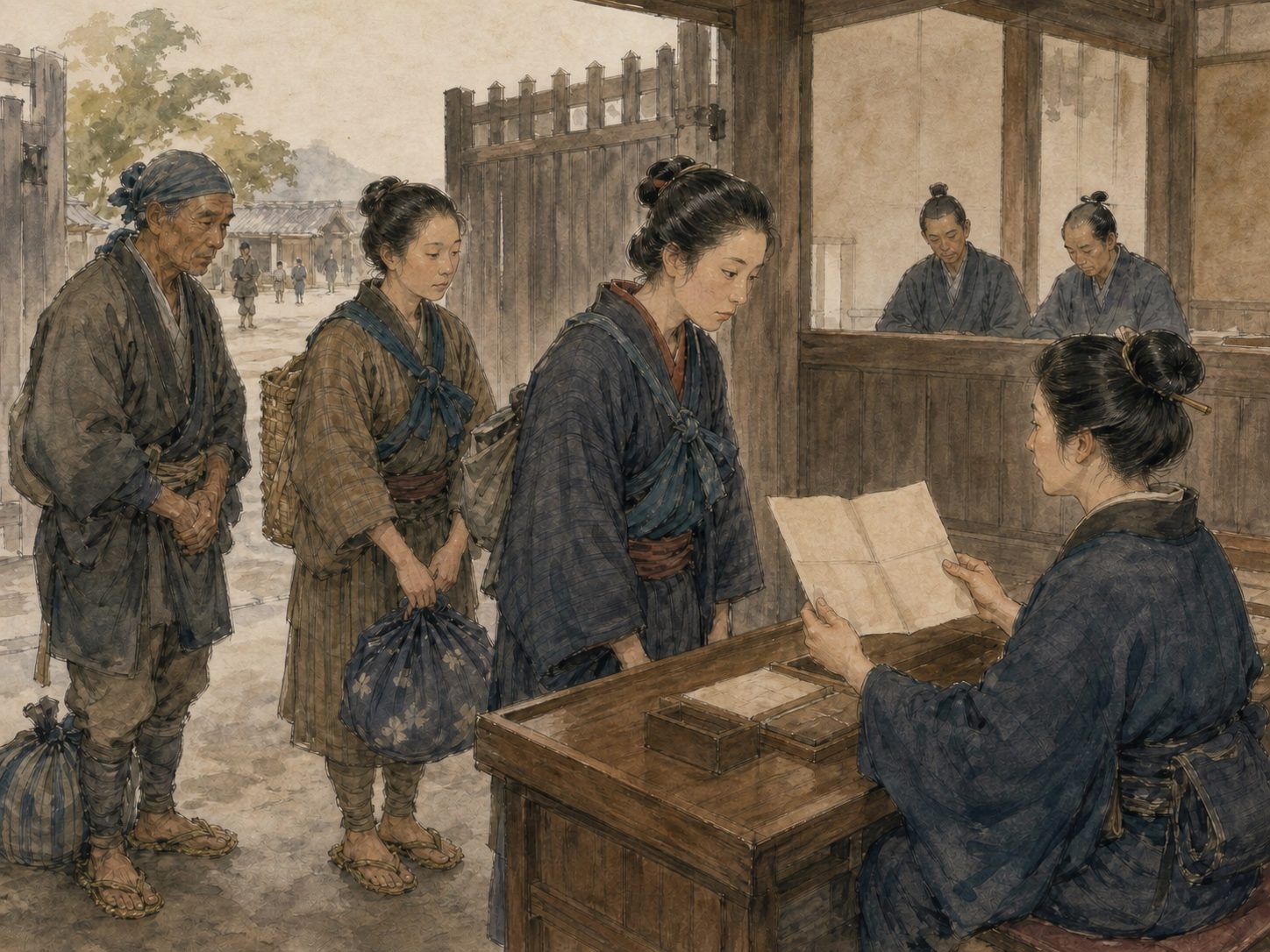 作図（AI生成）。しくみ⑤ 女の旅。関所の記事で詳しく扱ったとおり、女性が関所を通るには女手形（女切手）という専用の手形が要り、人見女による人相の照合まで課された。手形の取得には時間と伝手を要し、通れる経路も限られた