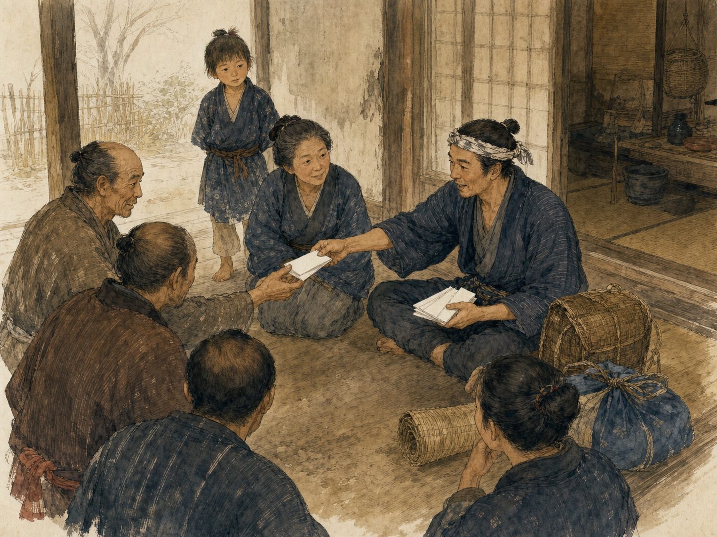 作図（AI生成）。しくみ⑥ 土産と名物。代参で旅立った代表は、講中みんなの分のお祓いを受け、土産と土産話を携えて村へ戻るのが通例だった。