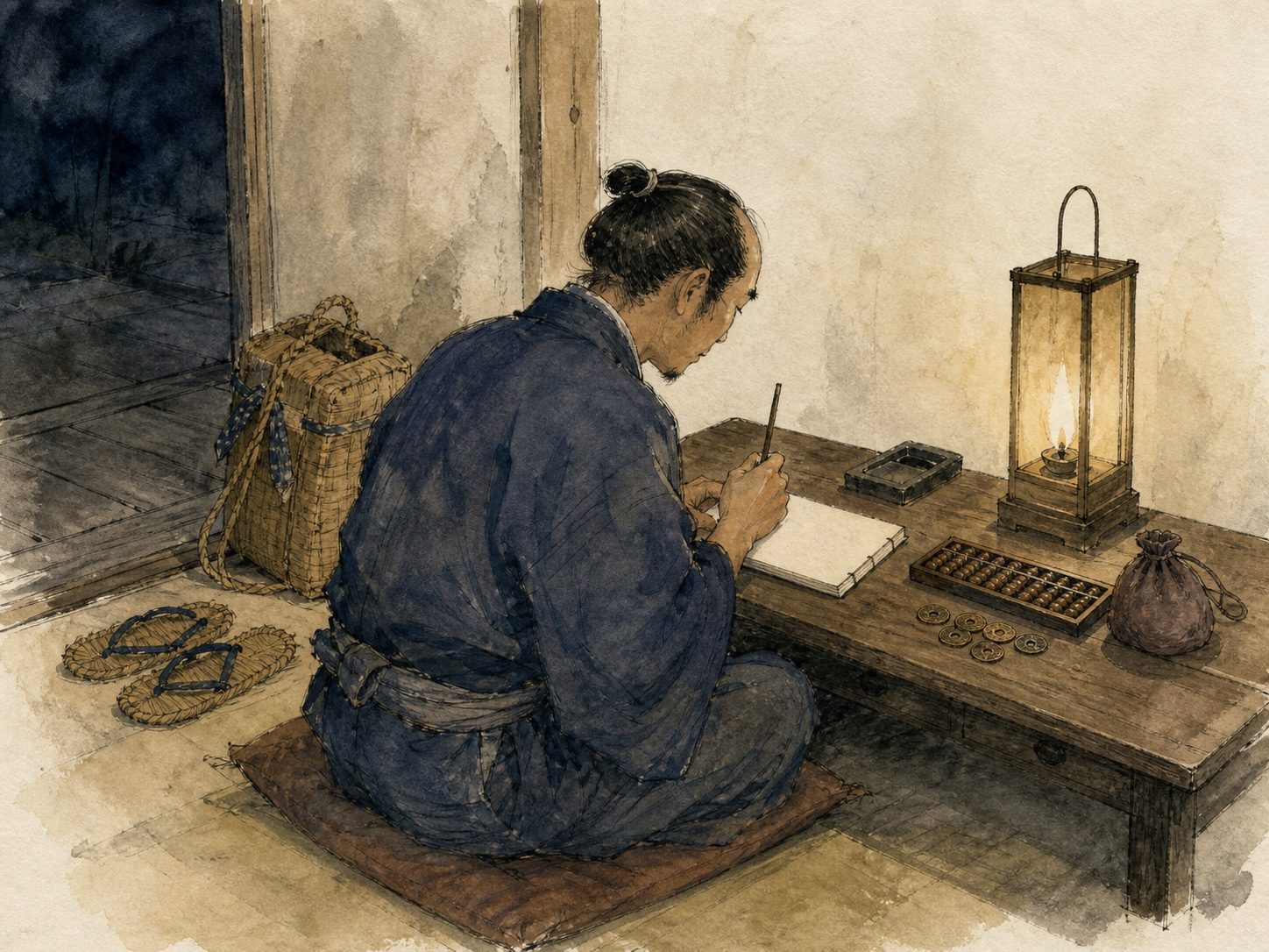 作図（AI生成）。しくみ② 費用と日程、そして道中日記という記録。名もない旅人自身が几帳面につけた道中日記——何月何日にどこに泊まり、いくら遣い、何里歩いたかを記した実務的な記録——が各地の郷土資料館に数多く現存し、宿泊費・日程・道のりの実