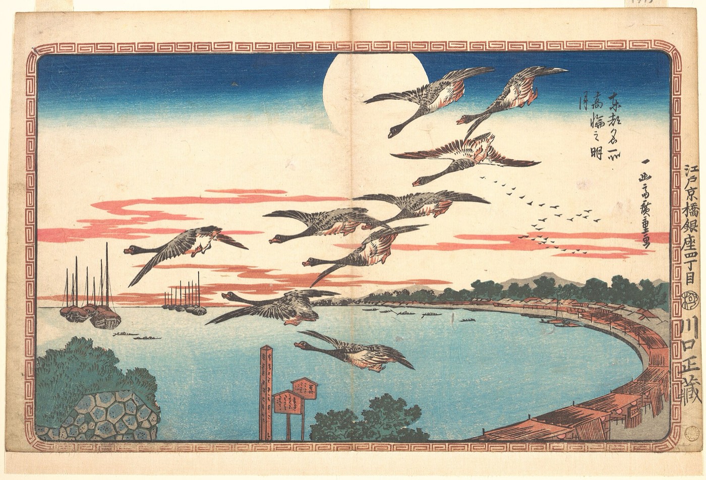 広重『東都名所 高輪之明月』。月夜の海辺に人が集う