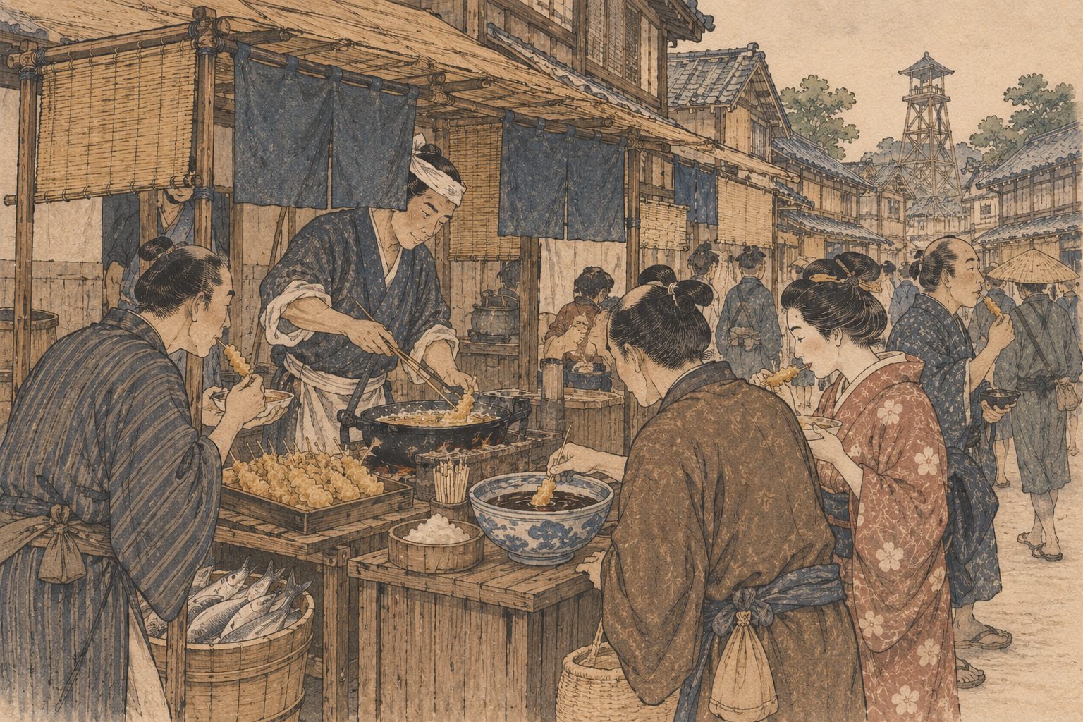 作図（AI生成）。しくみ② 油が高い。揚げ物には、大量の油をいっぺんに用意しなければならない。