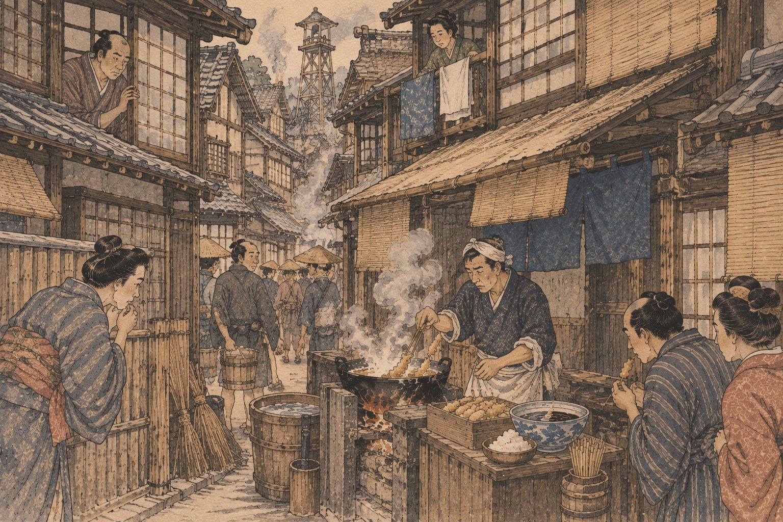 作図（AI生成）。しくみ③ 火事の元としての天ぷら。木と紙でできた家が密集する都市で、油を煮え立たせる商売は歓迎されない。