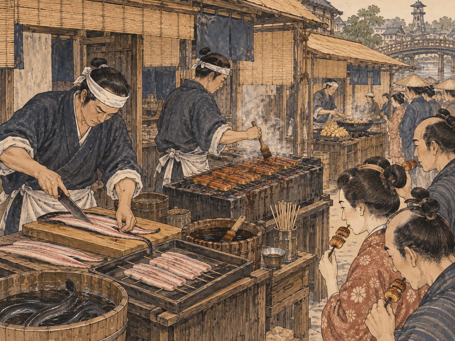 作図（AI生成）。しくみ④ 蒲焼。天ぷらの隣にあったもう一つの「串の料理」が蒲焼である。