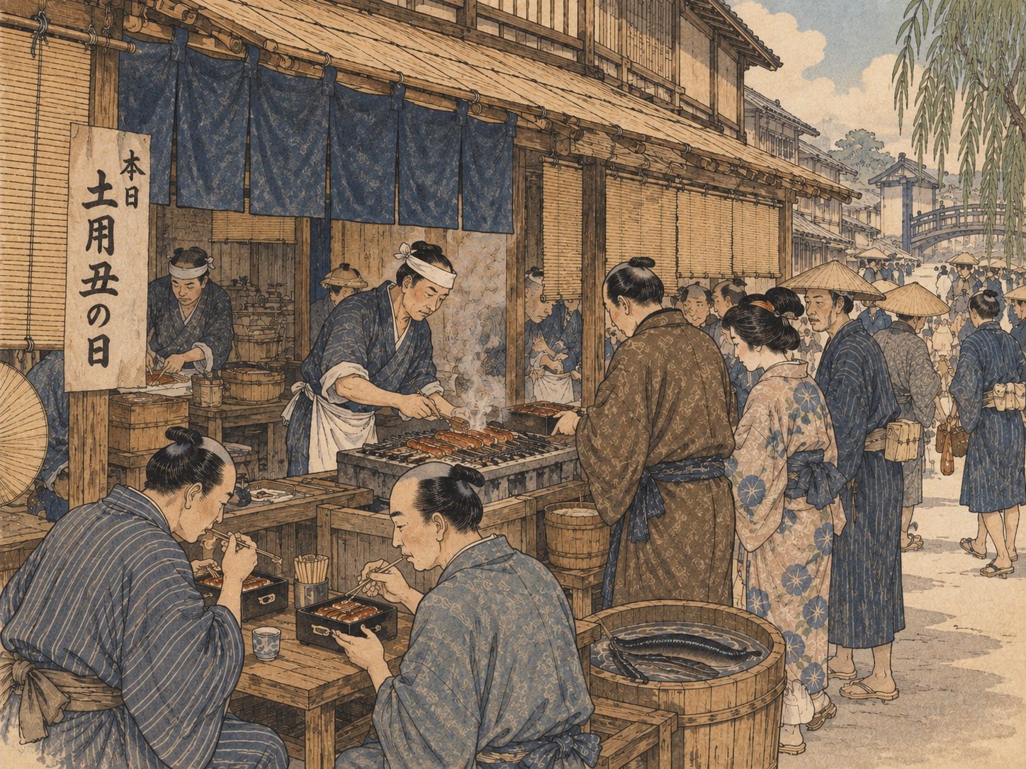 作図（AI生成）。しくみ⑤ 土用の丑の日。「夏に売れないうなぎ屋のために、平賀源内が『本日、土用の丑の日』と書いた貼り紙を出させ、これが当たって土用の丑にうなぎを食べる習慣が生まれた」——非常によく知られた話である。