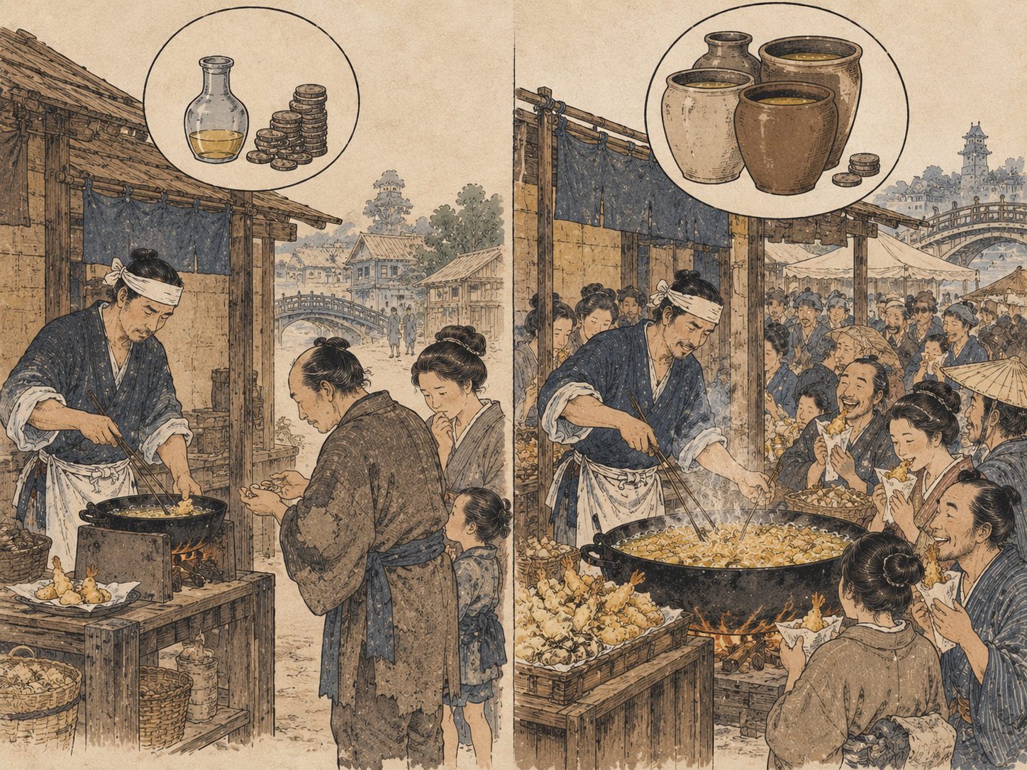 作図（AI生成）。同じころ、世界では。揚げ物という調理法が庶民の食べ物になるかどうかは、その土地で油がどれだけ安く手に入るかでほぼ決まる。