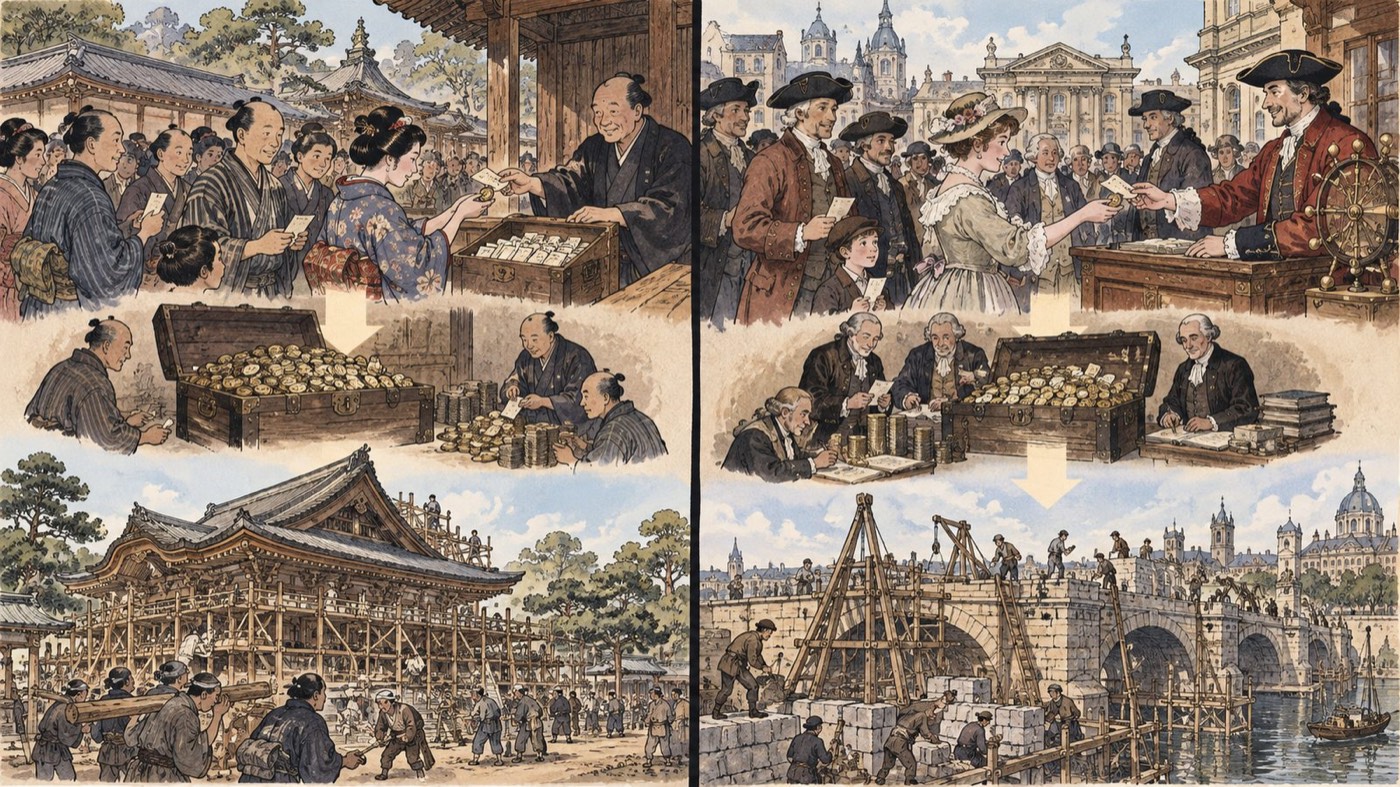 作図（AI生成）。同じころ、世界では。公益目的のくじで建造物を賄う発想は、日本に限ったものではない。近世のヨーロッパでも、都市や国家が公認したくじが、公共施設や救貧の財源として繰り返し用いられている。18世紀のイギリス