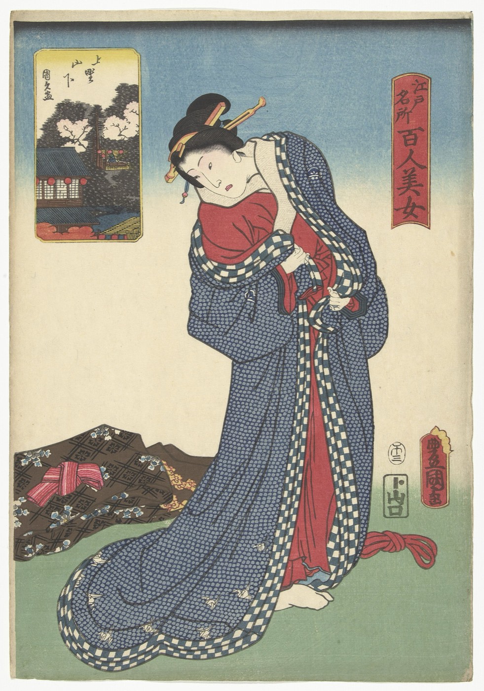 『江戸名所百人美女 上野山下』。茶と菓子を前にした女性